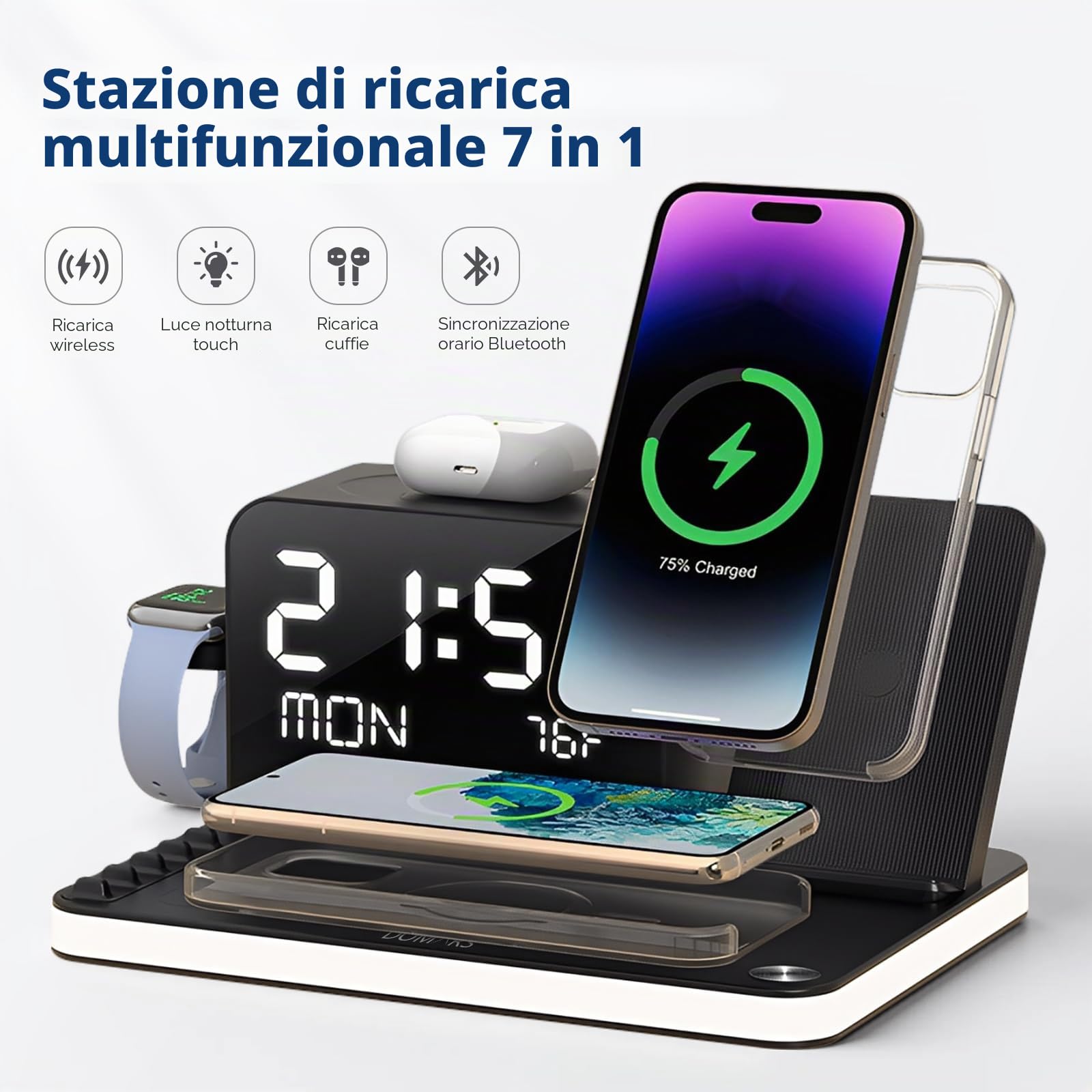 Stazione di Ricarica Rapida Senza Fili 7 in 1, Include 4 Supporti di Caricatore Wireless e 2 Porte di Ricarica, Base Ricarica Rapida da 30W per iPhone 17-12, Apple Watch