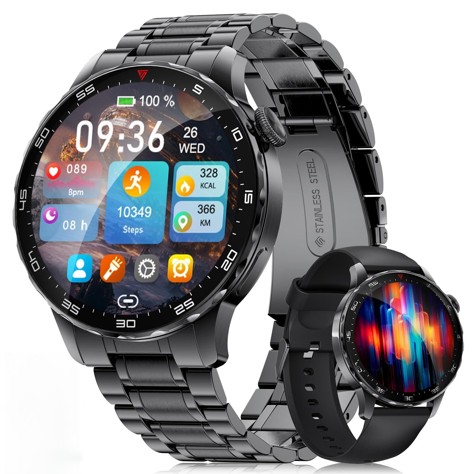Smartwatch Uomo,1.43" AMOLED Orologio Smartwatch Uomo con Chiamate Bluetooth,123 Modalità Sportive,Monitoraggio Frequenza Cardiaca e Pressione, Cassa Acciaio Inox,UI Personalizzabile,per Android iOS