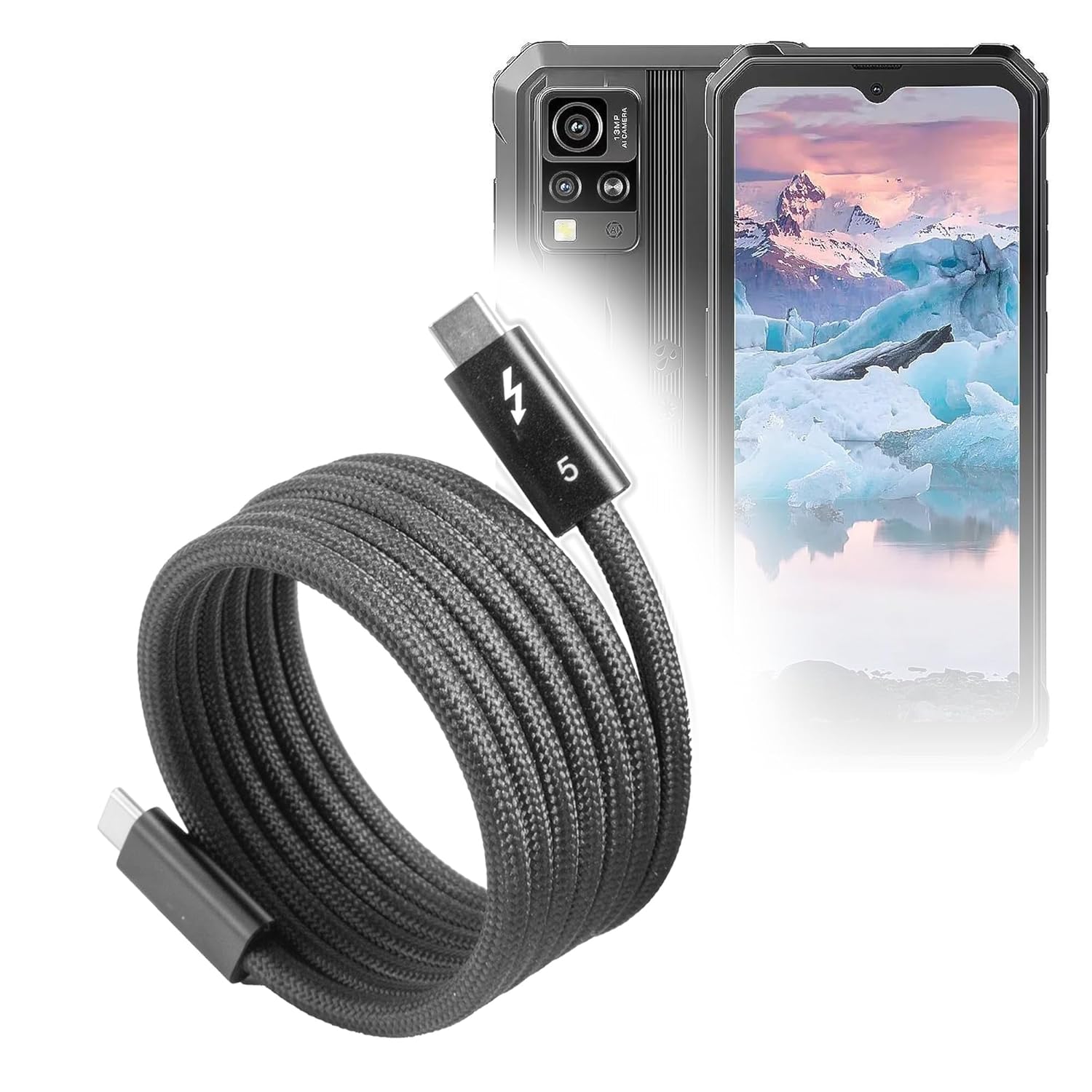 BoxWave Cable Compatible with Blackview BV4800 Pro - SnapWrap Thunderbolt 5.0 Cable (5ft 240W), Magnetic Self-Coiling Nylon Braided Retractable - Jet Black