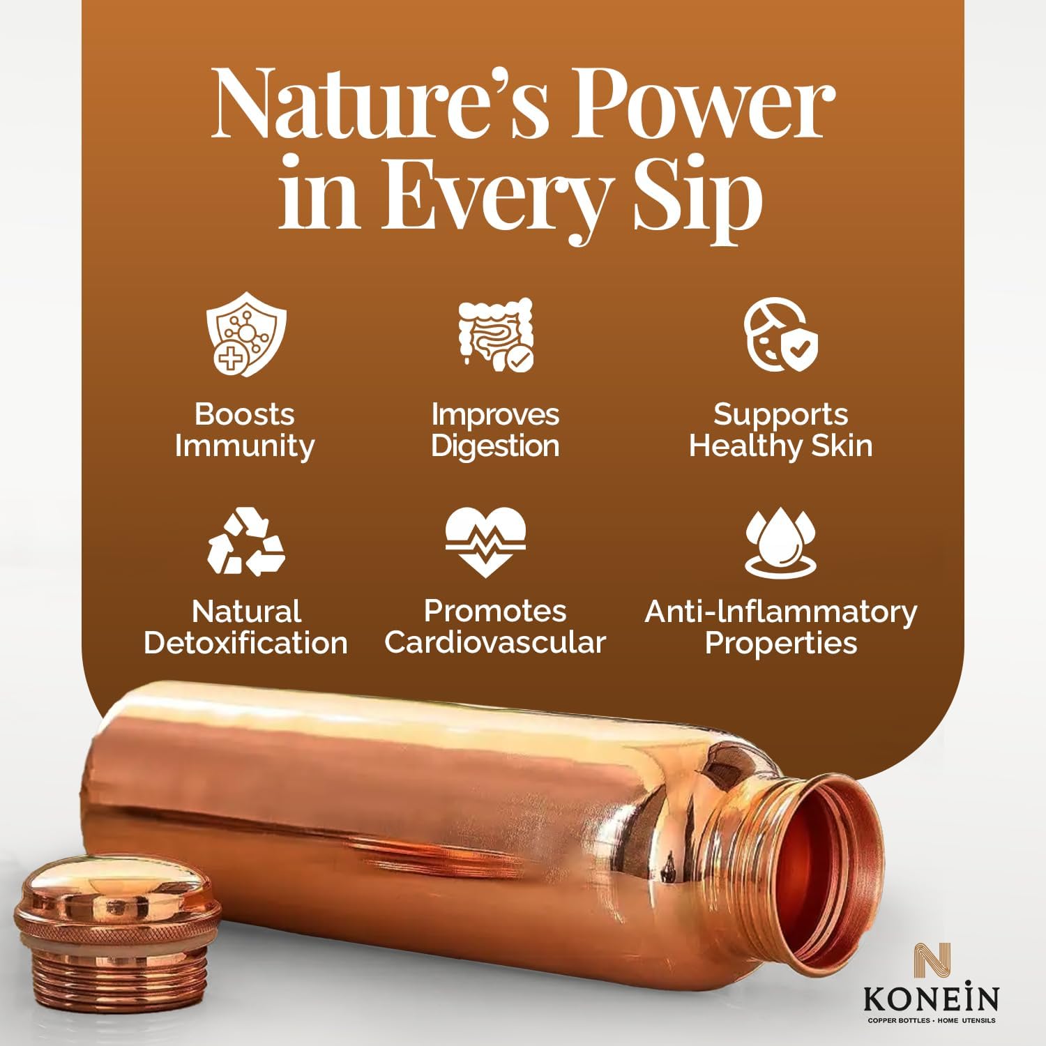100% Copper Water Bottle, Plain Classic Finish Design, (34 Oz/1000ml), Ayurvedic Copper Bottle for Drinking water with Nature Health Benefits, Leak-Proof, Durable & Eco-friendly