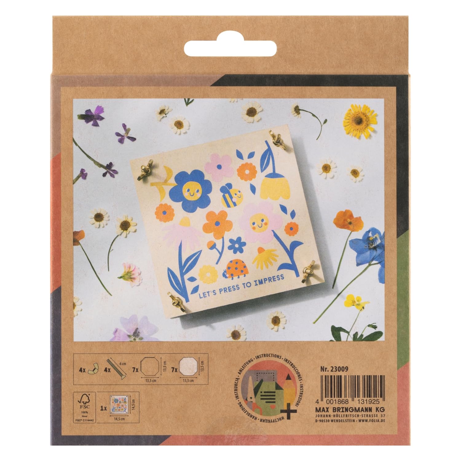 folia 23009 - Prasa do kwiatów FLOWER PRESS wykonana z drewna, dla dzieci i dorosłych, 14,5 x 14,5 cm, do prasowania i suszenia roślin, traw lub kwiatów