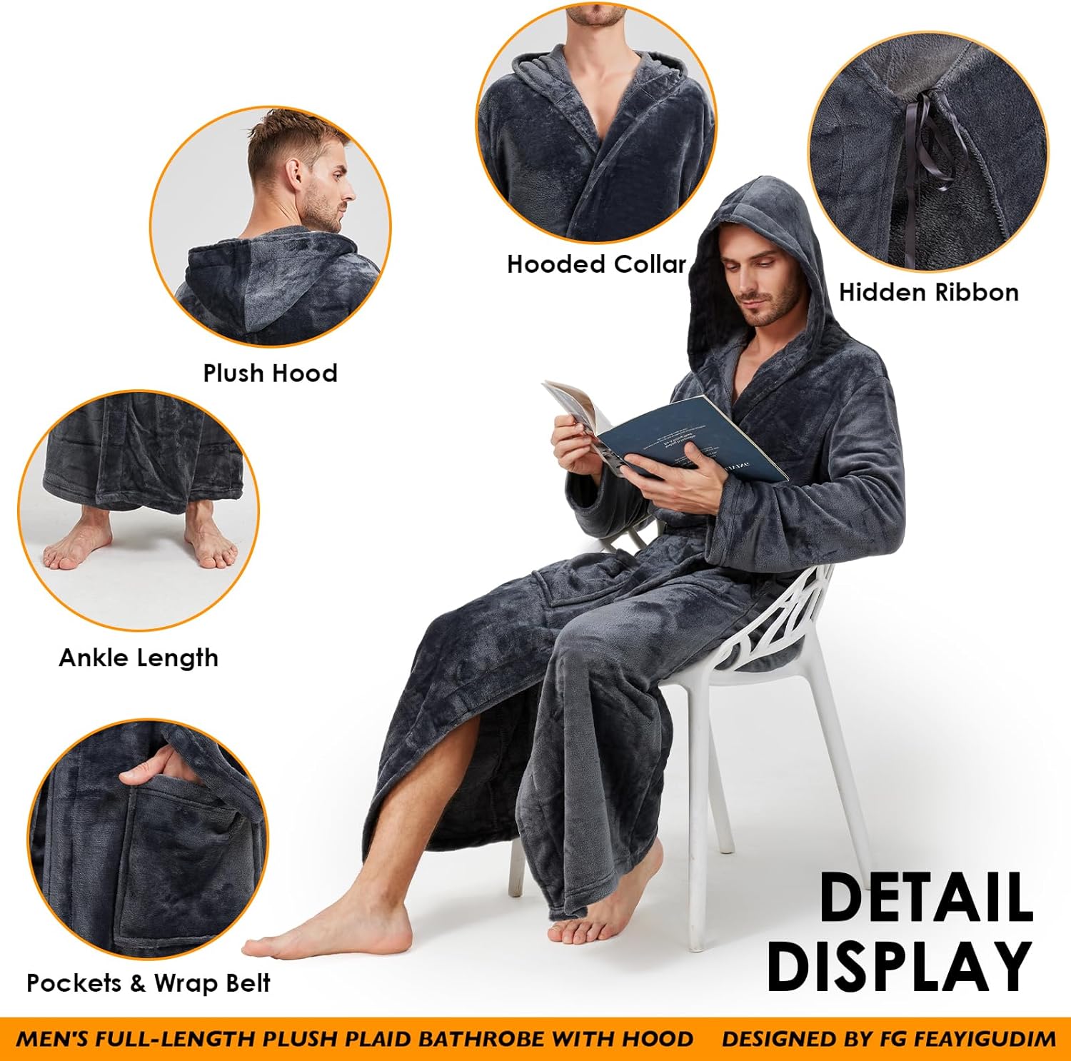Mens Plush Plaid Hooded Robe, Full Length Fleece Big and Tall Bathrobe with Hood(Grey, S/M) - Image 3