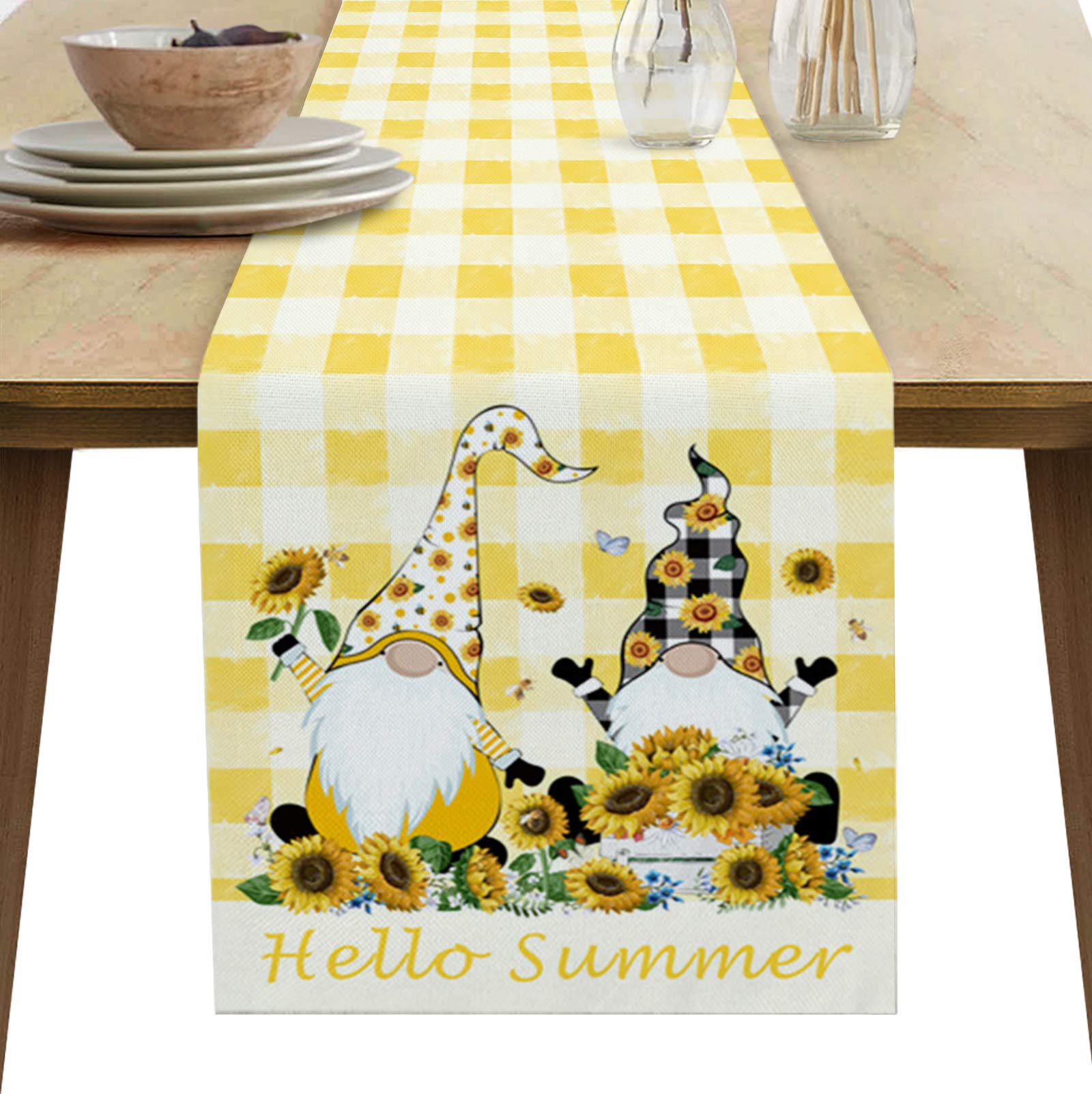 Lazone Short Table Runner, Hello Summer Sunflower Gnomes Yellow Buffalo Plaid Dining Table Runner Dresser Scarves,Kitchen Table Runners for Farmhouse Dinner,Indoor and Outdoor Party Decor, 13x36 inch