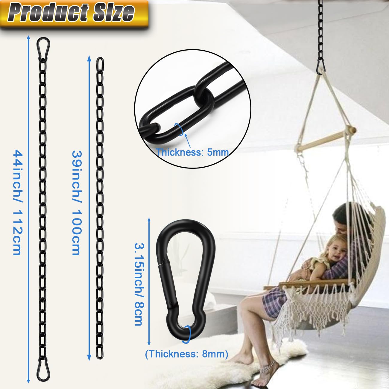 Gelury Hanging Swing Chain 44in, 2Pcs Stainless Steel Chain 660LB Capacity, Hanging Chain Extension, Heavy Duty Chains for Punching, Boxing Bag