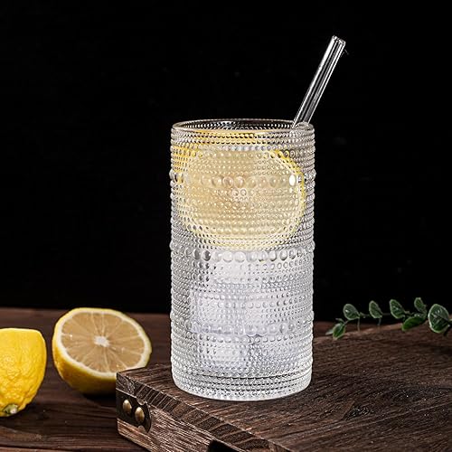 Miniatura 4 de Juego de 6 vasos de vidrio vintage para beber, vasos de vidrio de 15 onzas, vasos de agua transparente en relieve, vasos de hobuña, tazas de vidrio