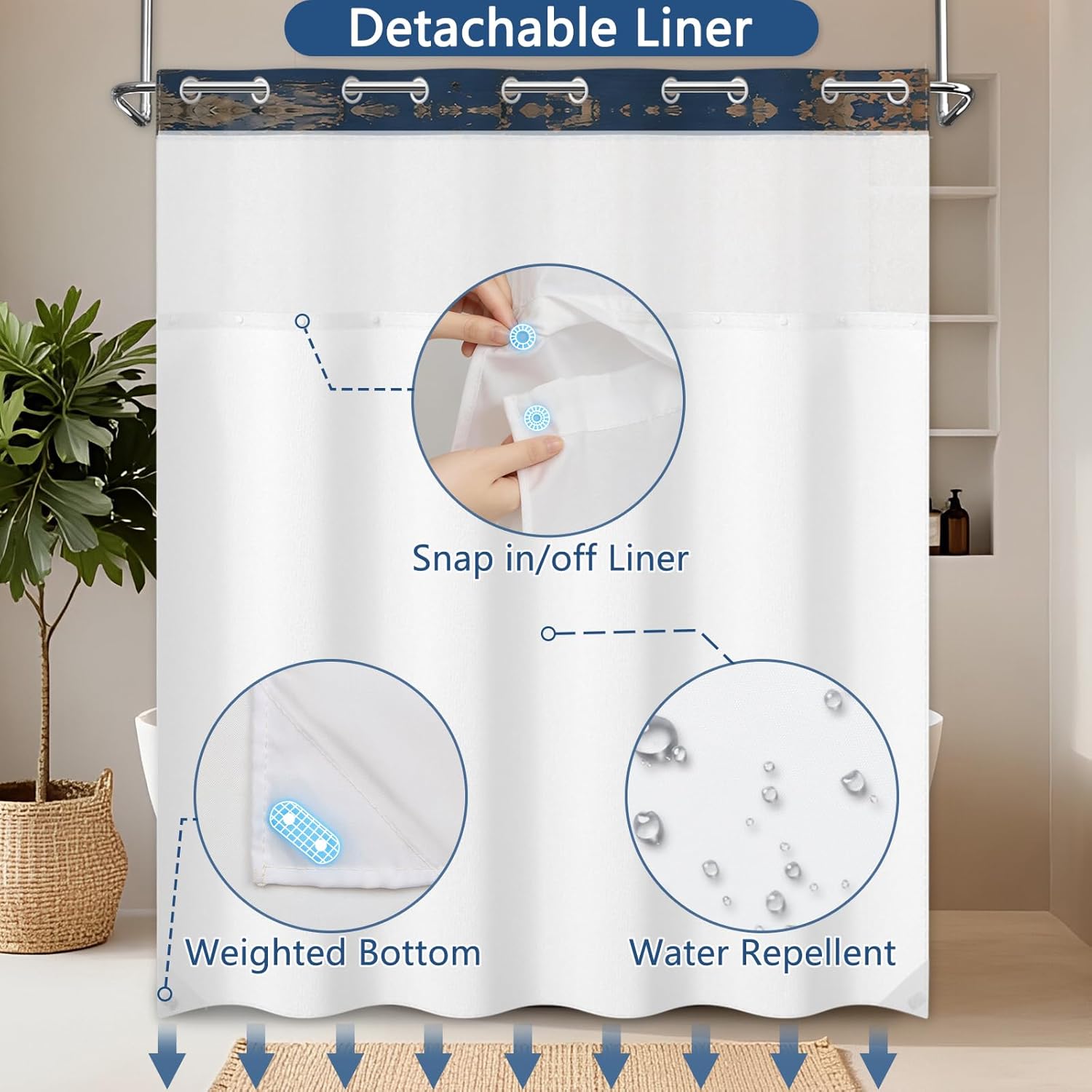 Shower Curtain and Liner Set, Vintage Nautical Sailboat Badge Shower Curtains for Bathroom, Double Layers Waterproof Fabric No Hook Shower Curtains with Sheer Top Window and Weighted Hem, 71x74 Inches