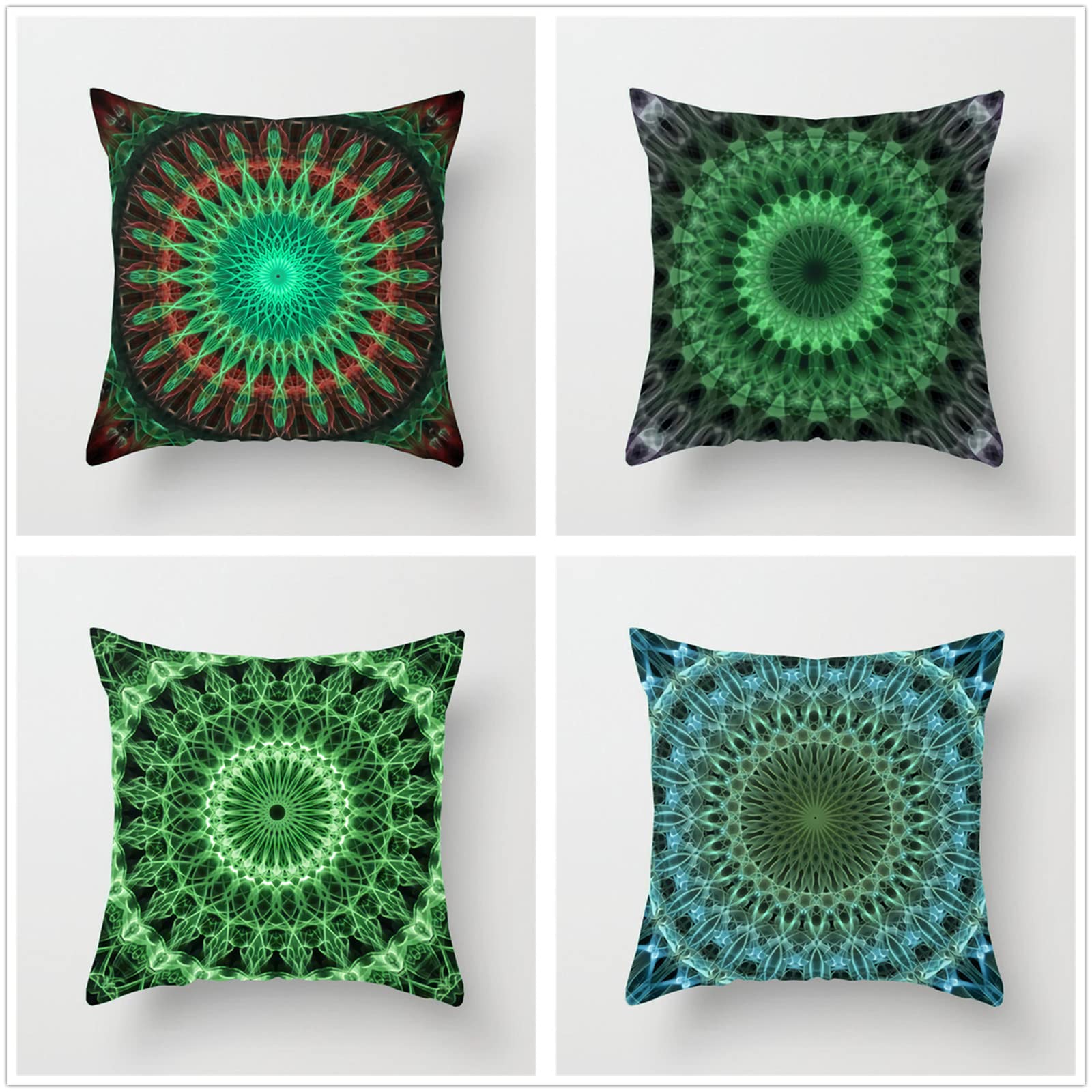 4 poszewki na poduszki 80 x 80 cm, duże poduszki zielona mandala 32 x 81 cm, lniane kwadratowe poszewki na poduszki, ogrodowe poduszki na zewnątrz, dekoracyjne poszewki na poduszki, wystrój domu