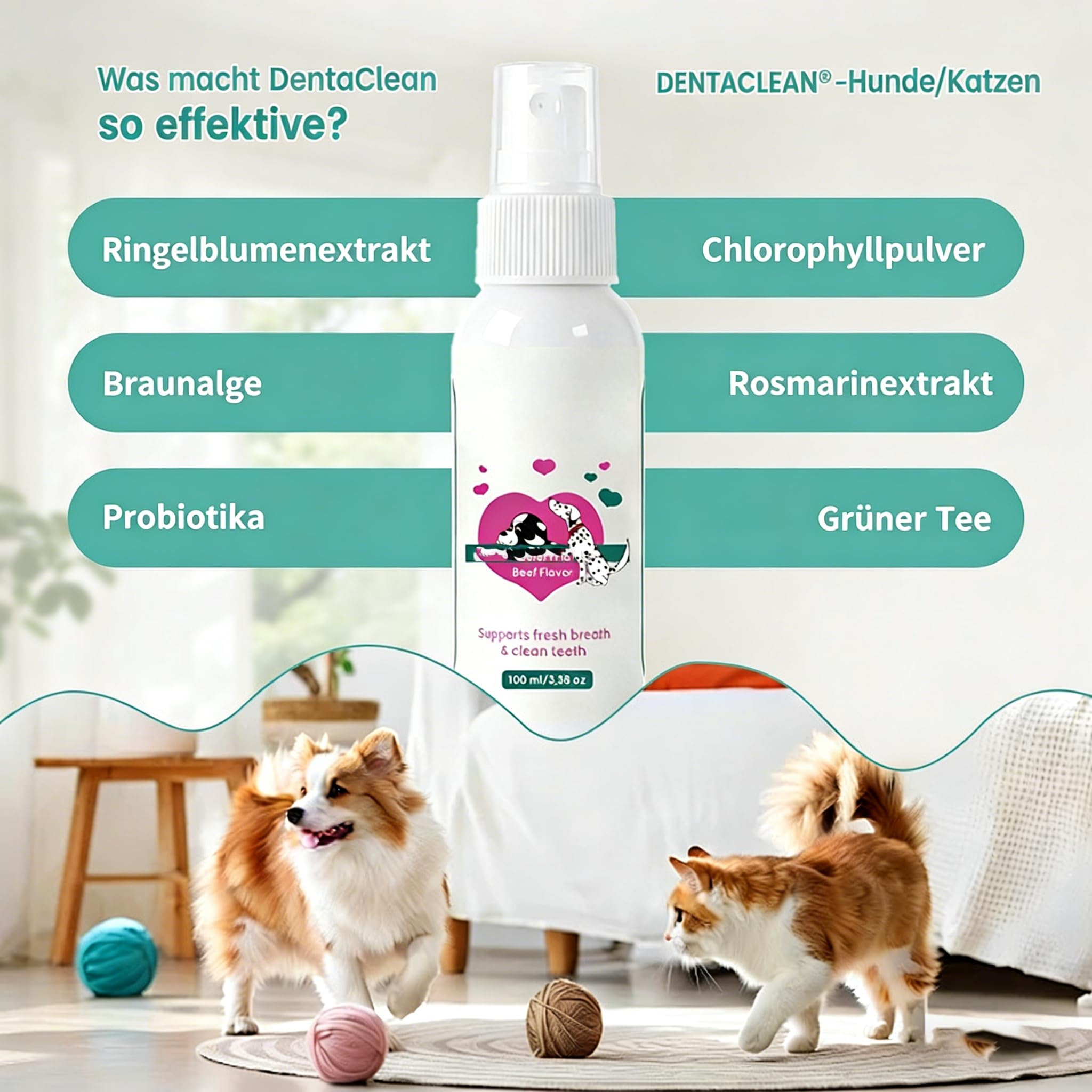 Natürlicher Atemfrischer Hundezahnspray und Katzenzahnspray - Zahnpflege ohne Zähneputzen, Plaquebekämpfung und Unterstützung der Zahnfleischgesundheit