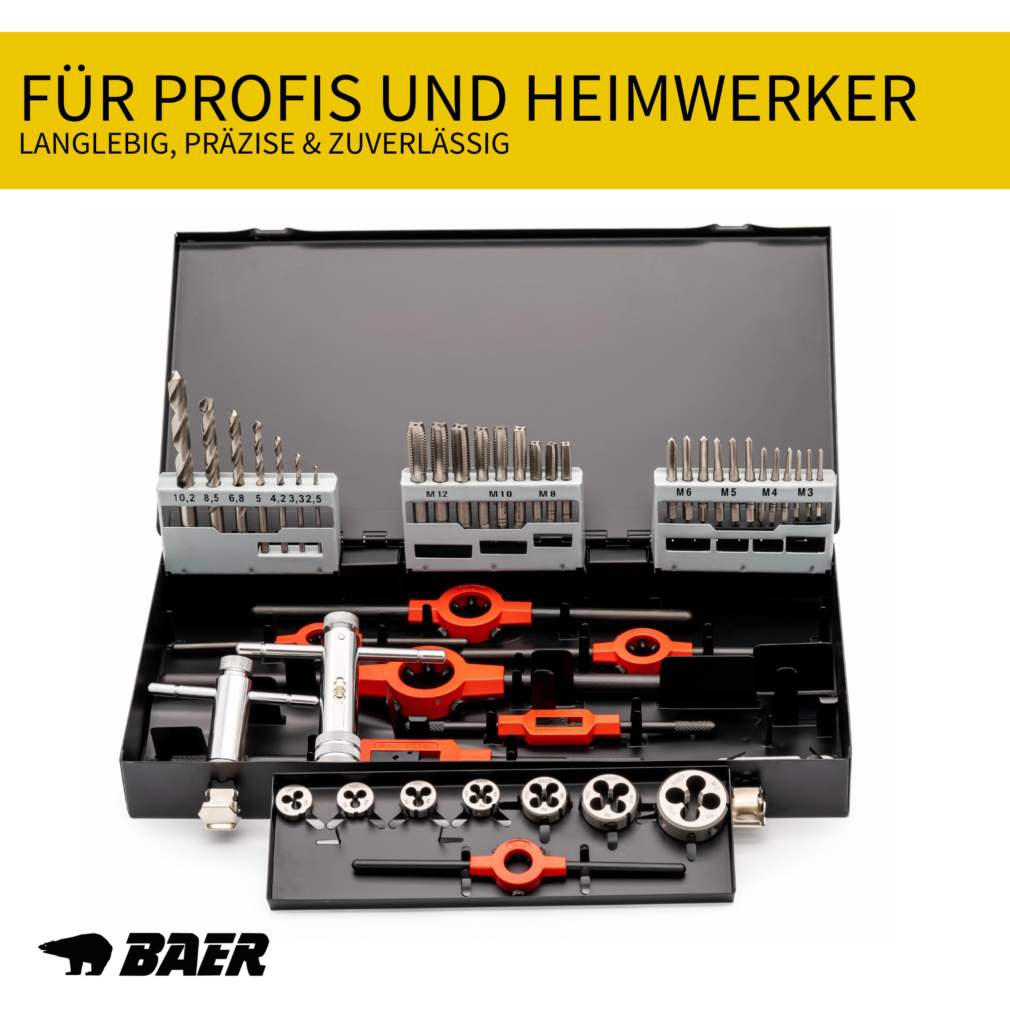BAER Gewindeschneider Set 30-tlg. M3–M12 HSS-G | Handgewindebohrer + Schneideisen DIN 352/DIN 13 | Windeisen & Schneideisenhalter in Metallkassette | Profi Gewindeschneidsatz Innen- & Außengewinde