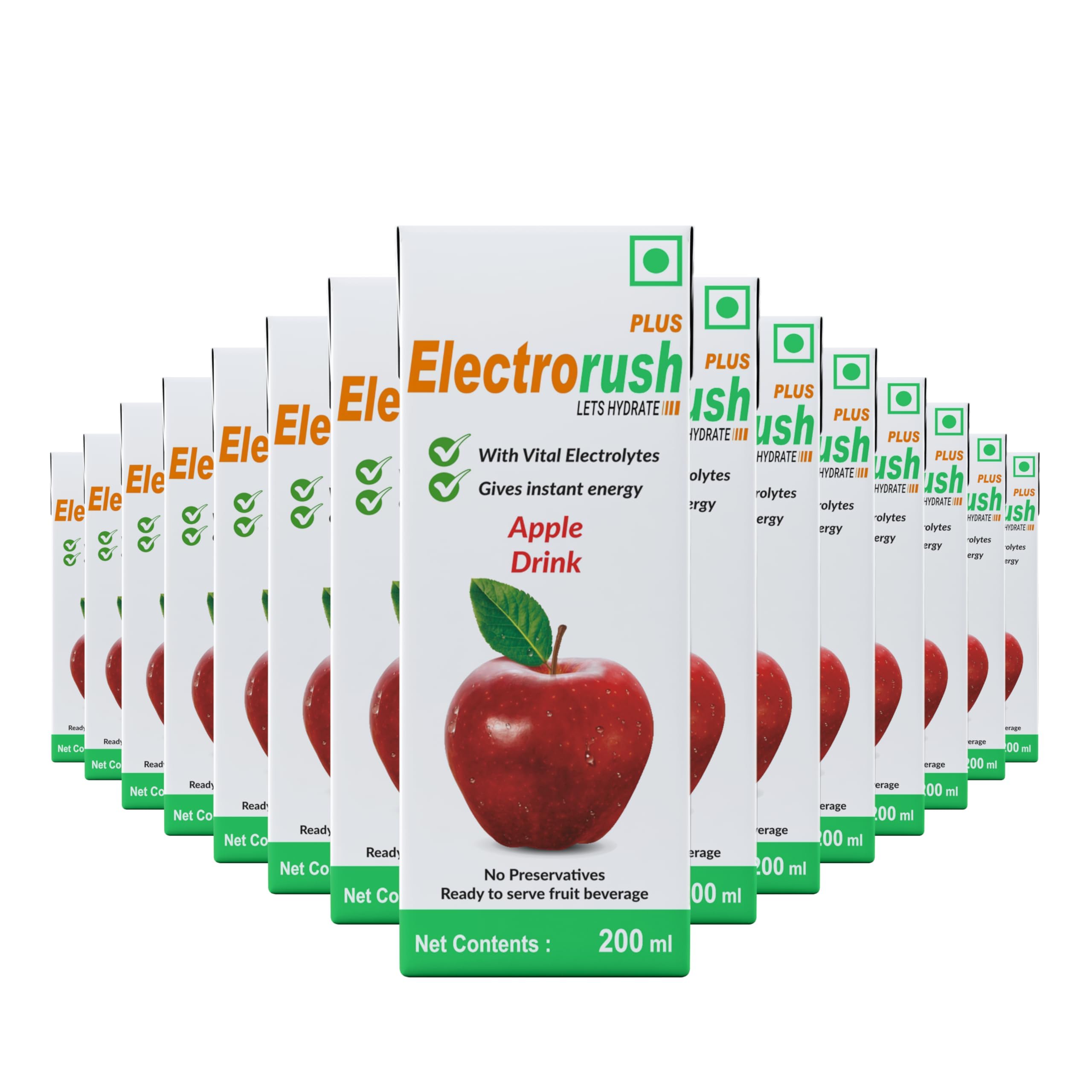 Electrorush Plus Ready to drink | With Vital Electrolytes | Energy Drink | Apple Flavoured | Pack of 15 (200ml each)