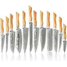 Knife Set 12 Piece Damascus Steel Knives with Olive Wood Handle Set Sharp Kitchen Knife Set Beautiful Feather Pattern and Ergonomic Ultra-Sharp Professional Chef Knife Set Tang