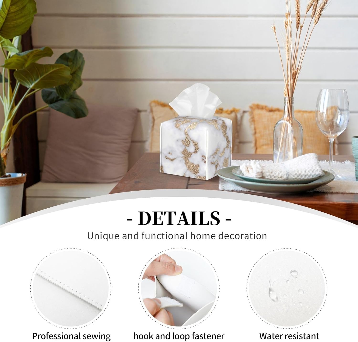 Tissue Box Cover Modern Chic White Gold foil Marble Modern PU Leather Square Tissue Box Holder - Decorative Holder/Organizer for Bathroom Vanity Countertop, Night Stands, Office Desk & Car