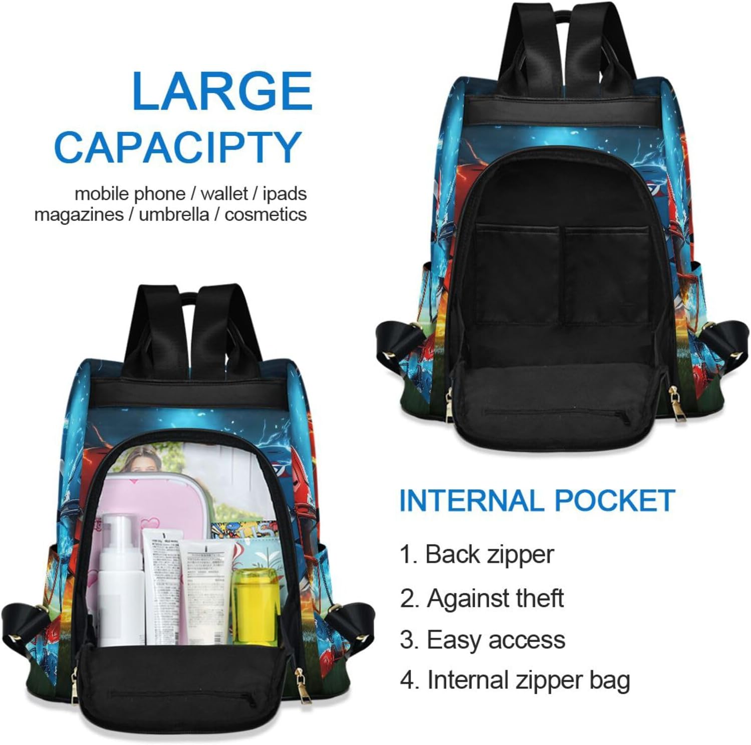 ALAZA Red and Blue Rugby Helmet Backpack Purse for Women Anti Theft Fashion Back Pack Shoulder Bag