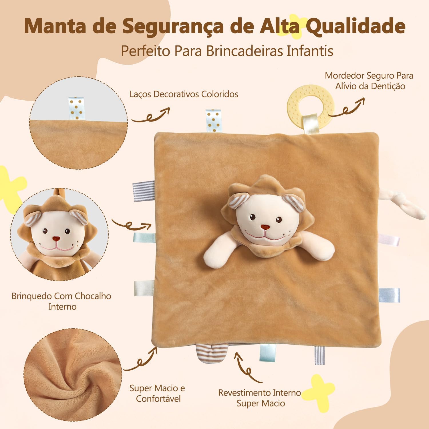 Naninha - Manta de Bebê com Leãozinho e Chocalho, Toalha Calmante Super Macia 100% Algodão, Kit Presente 0-12 Meses, Brinquedo Sensorial com Mordedor e Sons Naninha - Manta de Bebê com Leãozinho e Chocalho, Toalha Calmante Super Macia 100% Algodão, Kit Presente 0-12 Meses, Brinquedo Sensorial com Mordedor e Sons