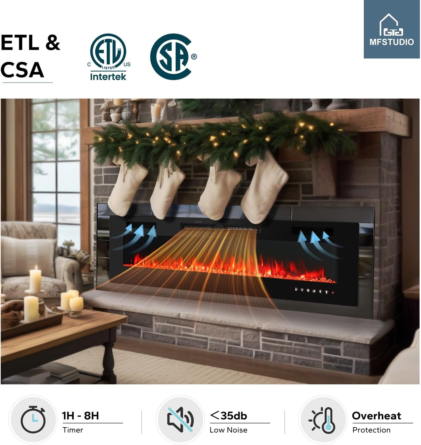 MFSTUDIO 72 inches Electric Fireplace with Remote Control & Touch Screen, Recessed and Wall Mounted Fireplace Heater, Linear Fireplace Insert with 12 Colors Adjustable Flame Color, Timer, 750w/1500w