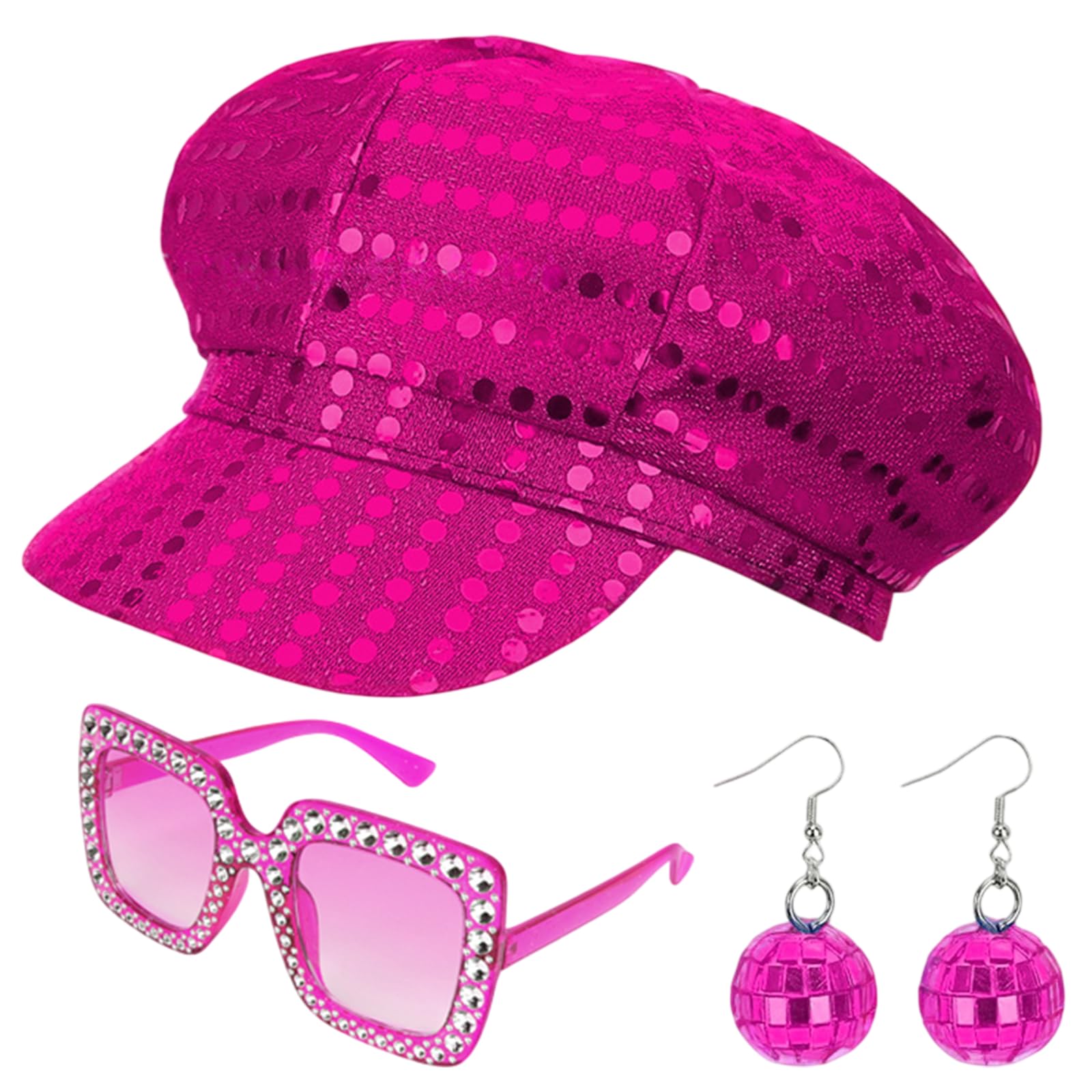 GWAWG 3pcs Sequin Hat Blue Disco Hat with Vintage Disco Sunglasses Earrings,Sequin Hat Abba Style,Blue Glitter Abba Hats Costume Accessories Kit for Adult Women Theme Party Birthday (Pink)