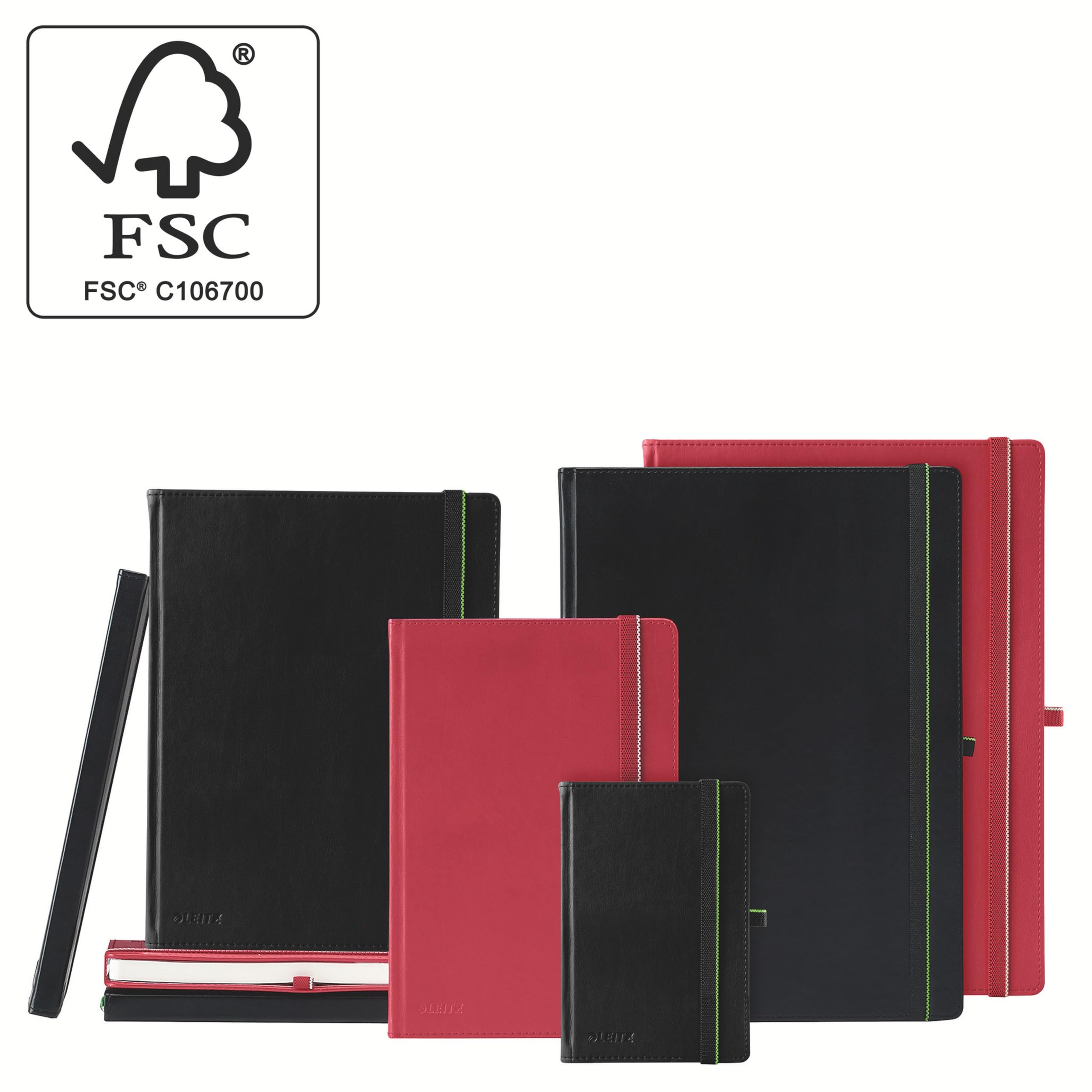 Leitz Complete Qualitäts-Notizbuch A4 liniert, 160 Seiten, 80 Blatt, Hardcover mit hochwertigem Einband, 100 g/m² Papier FSC zertifiziert, Verschluss, Lesezeichen, Stiftschlaufe, Rot, 44720025
