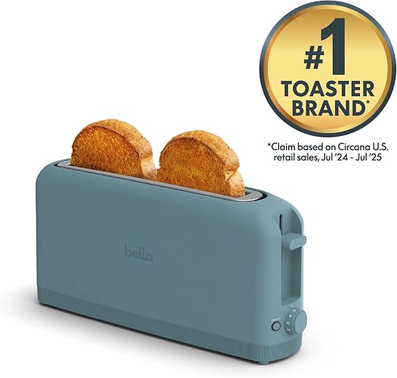 bella 2 Slice Slim Toaster, Fits-anywhereTM Kitchenware, 6 Setting Shade Control with Reheat & Cancel Buttons, Fits Sourdough, 10 Long Slot, Anti Jam & Auto Shutoff, 900 Watt, Surf