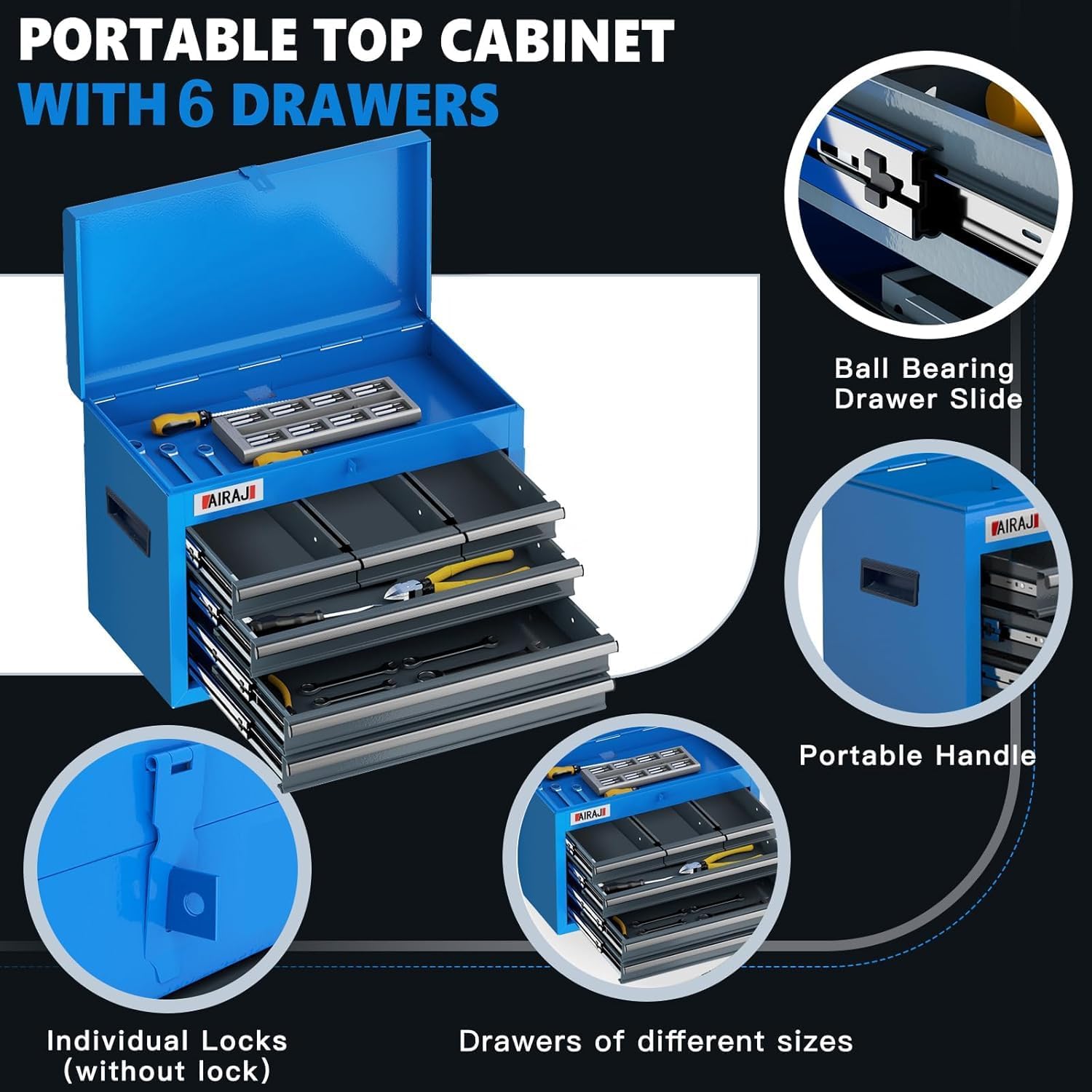 AIRAJ 7-Drawer Tool Chest with Wheels,Heavy Duty Rolling Tool Chest,Detachable Top Tool Box,Tool Cabinet with Liners,Hooks,Tray Divider,Rolling Tool Chest for Workshop,Warehouse