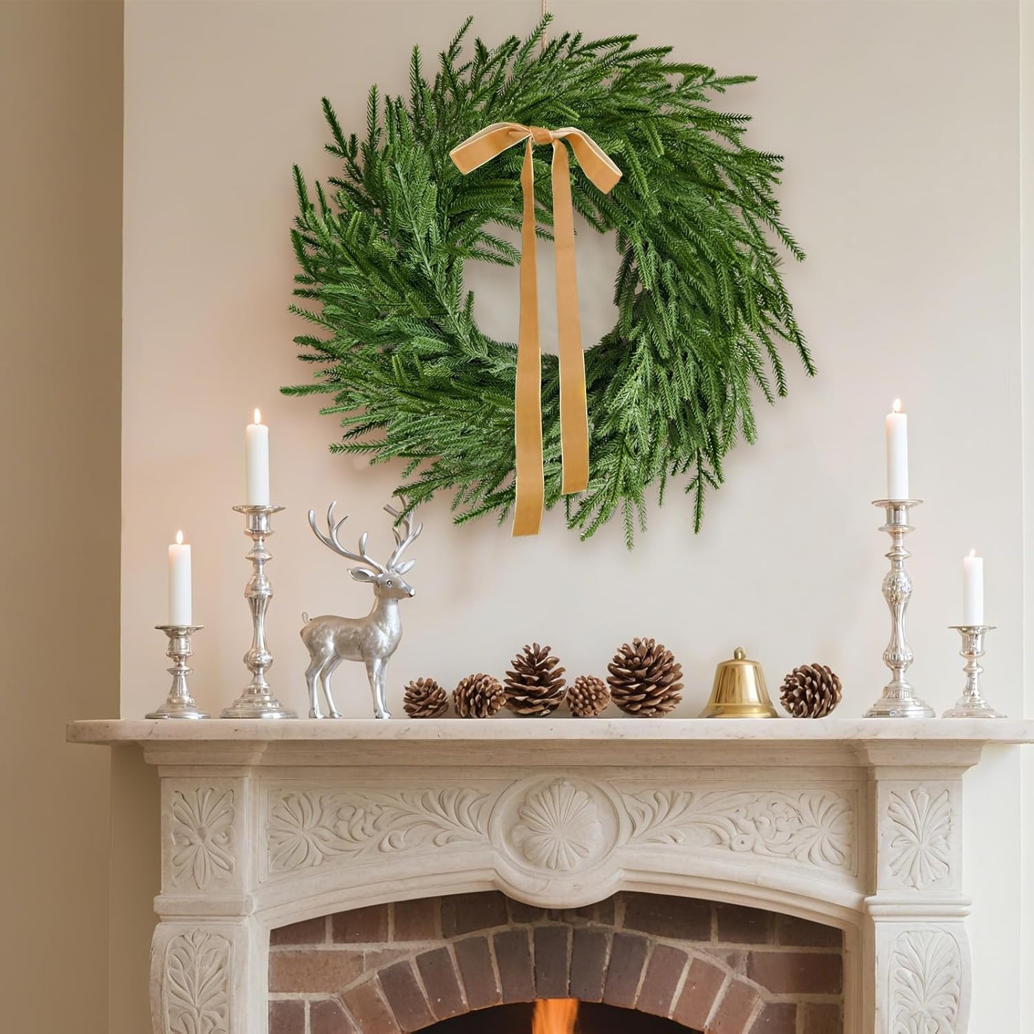 24 Inch Real Touch 2 Pcs Norfolk Pine Wreath Christmas Decorations for Front Door, Artificial Plants Green Christmas Wreath with Lights Home Decor, Xmas Decor for Mantel Wall Holiday Winter Decor