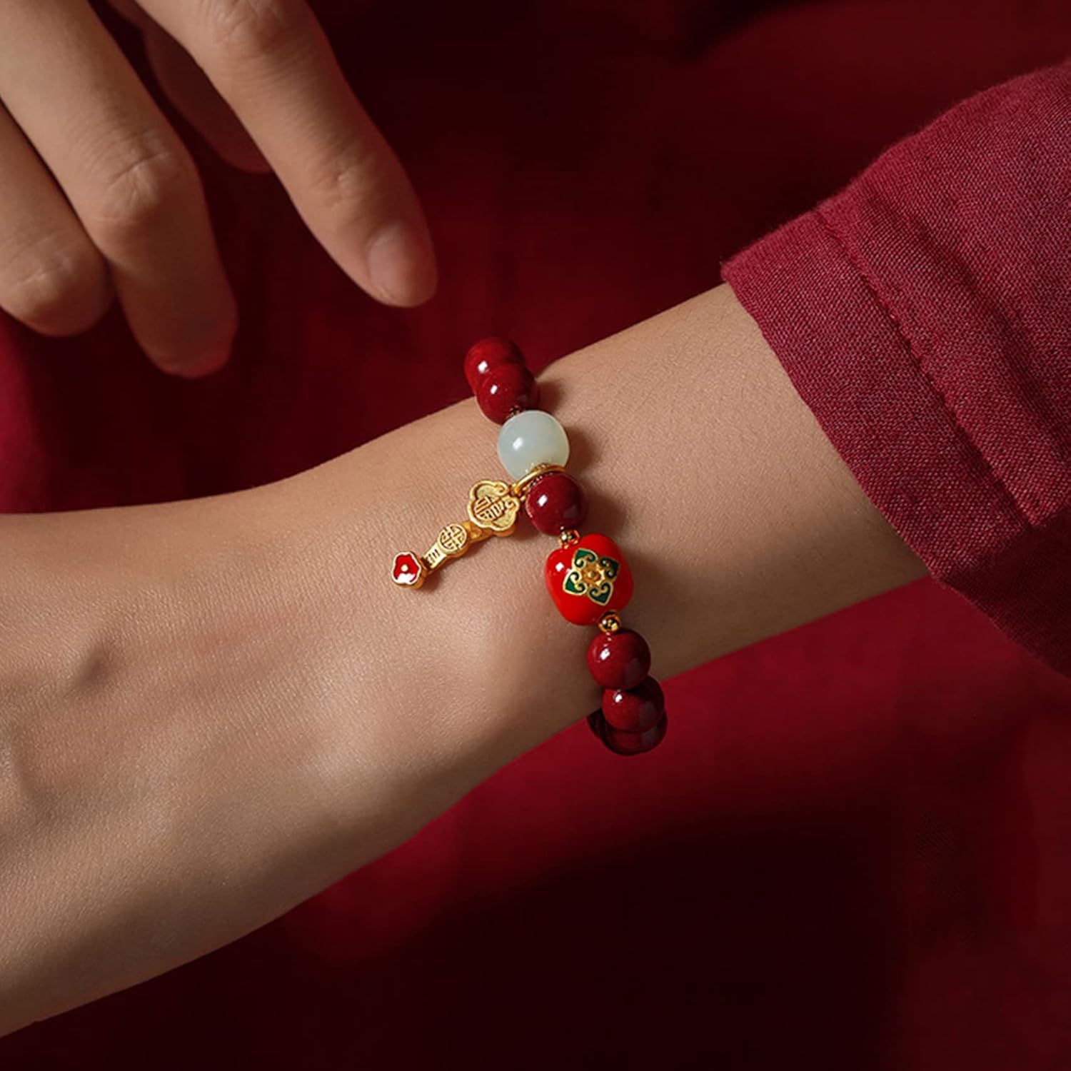 Cinnabar Quartz Bracelet Feng Shui Amulet Bracelet Gold Ruyi Lucky Charm Bracelet for Women Men Natural Gemstone Chakra Bracelet Talisman Stone Wealth Good Fortune Bracelet