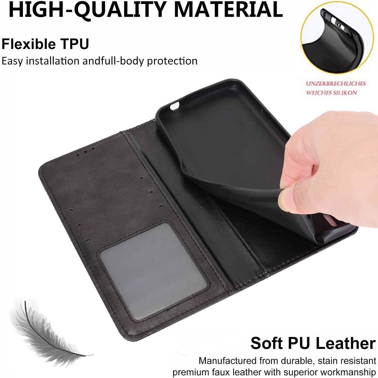 Cover Per Realme C65 4G, Custodia Libro In Pelle PU Con Portafoglio, 3 Slot Carte, Chiusura Magnetica E Funzione Stand - Nero - 3
