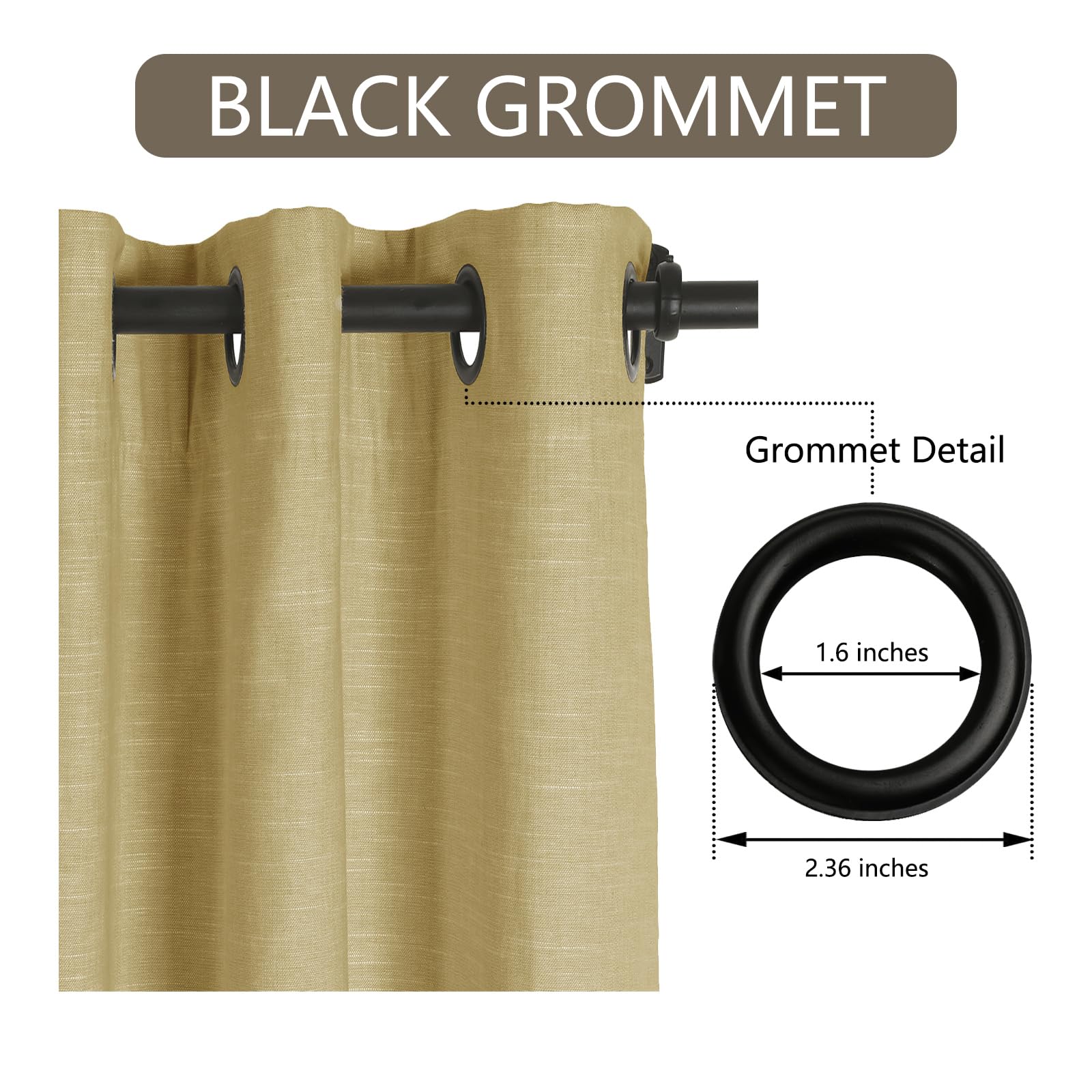 ChadMade Natural Linen Blend Cotton Curtain 90 Inches Long Double Layers Drape for Kids Room, Black Grommet Drape Privacy Protection Window Treatment (50