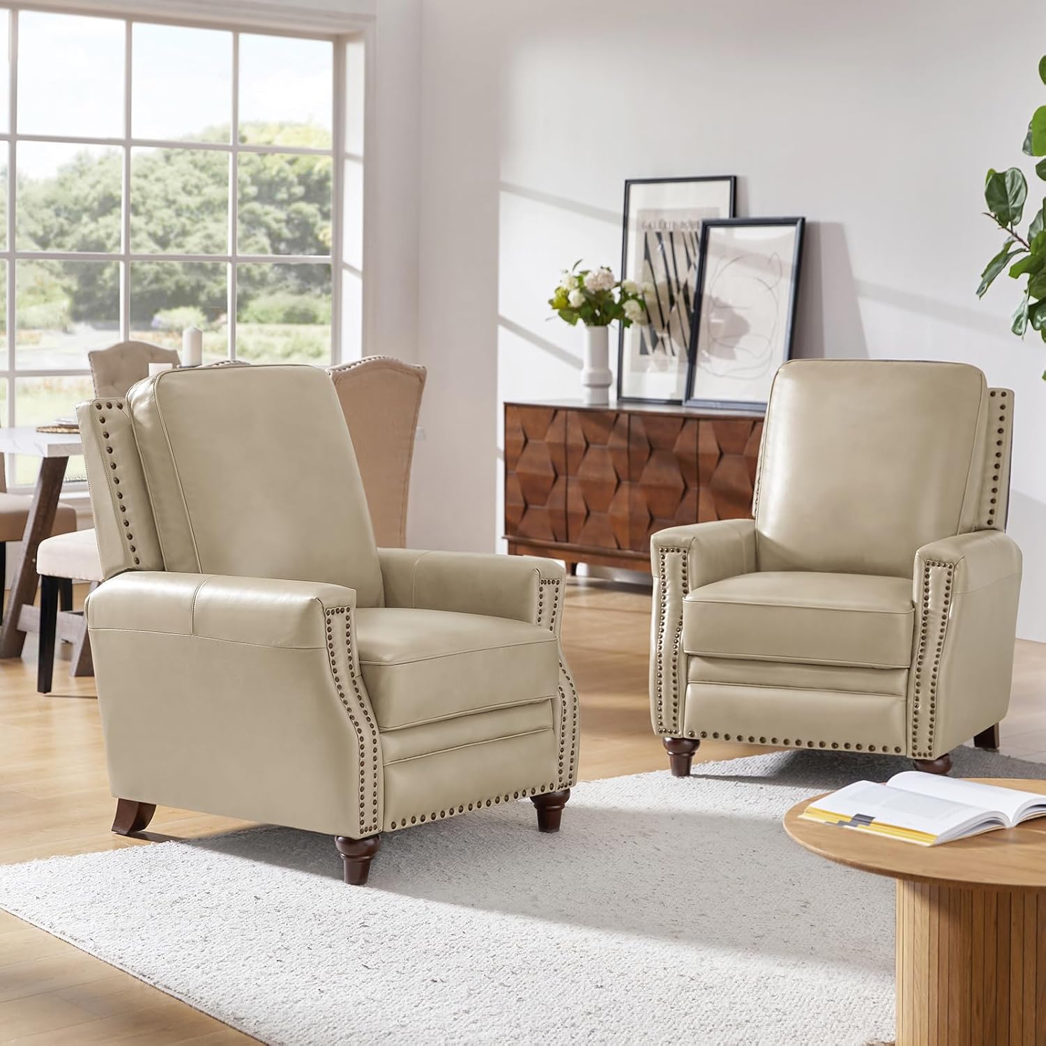 HULALA HOME Genuine Leather Recliner Chair Set of 2 Push Back Recliner Armchair with Thick Seat and Backrest
