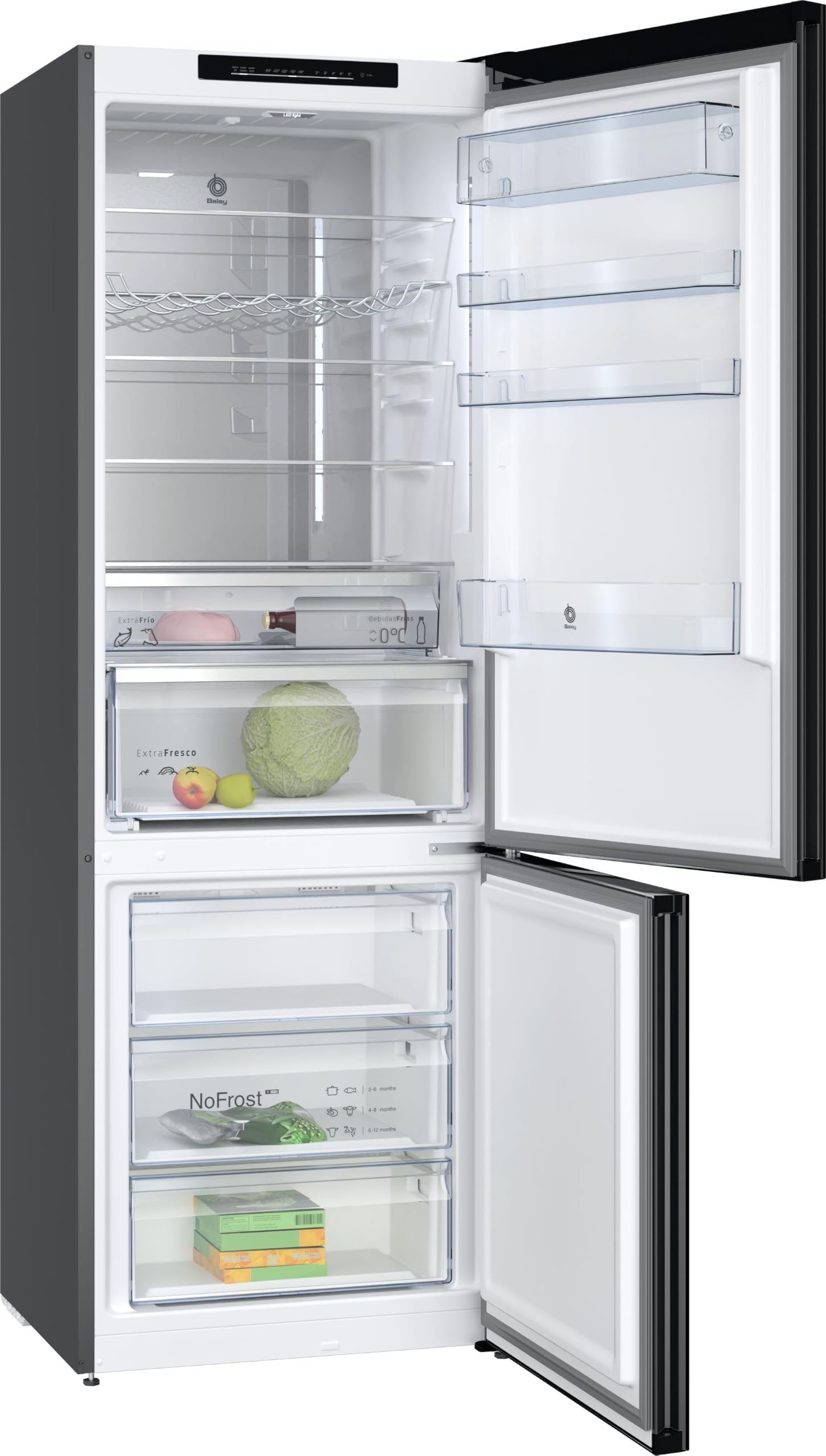 Balay, Frigorífico Combi, 203 x 70 cm, NoFrost, Negro, 3KFC879NI | Cajón ExtraFresh, Cajones ExtraCold 0ºC, Botellero Cromado, Luz LED, Tiradores verticales.
