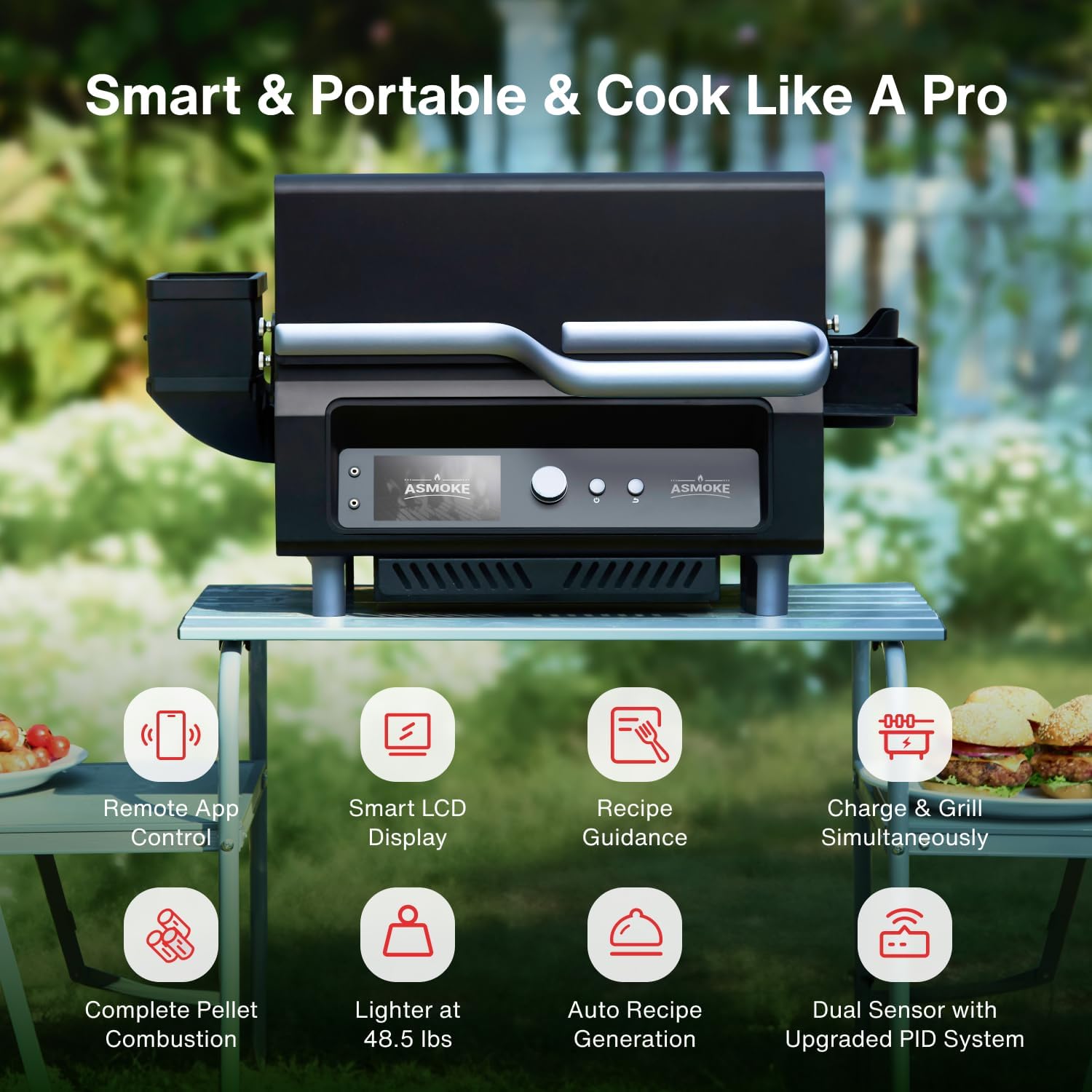 ASMOKE Essential– Guga’s Pick | Smart Portable Wood Pellet Grill & Smoker with 5" LCD Screen, 8-in-1 Grill,8H Battery, Effortless Cleaning, Wi-Fi Smart Control, 271 sq.in,Fit for Family BBQ