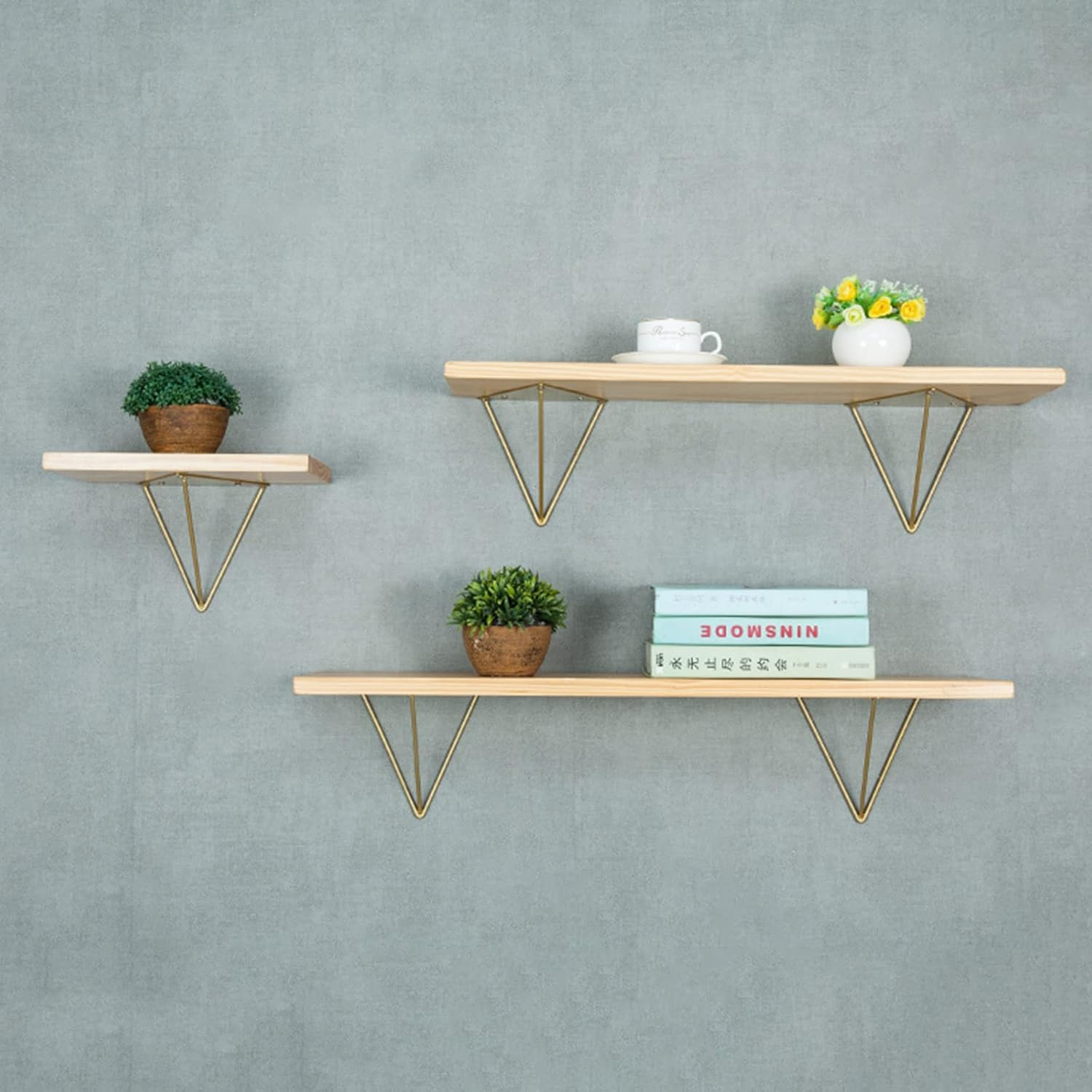 Pxzybd 2 Pcs Shelf Brackets, Wall-Mounted Floating Shelf Supports, Hairpin Heavy Duty Metal Shelving Brackets, Brackets for Shelves Decorative, Gold, with Mounting Screws,Gold-19.5cm(7.68in)