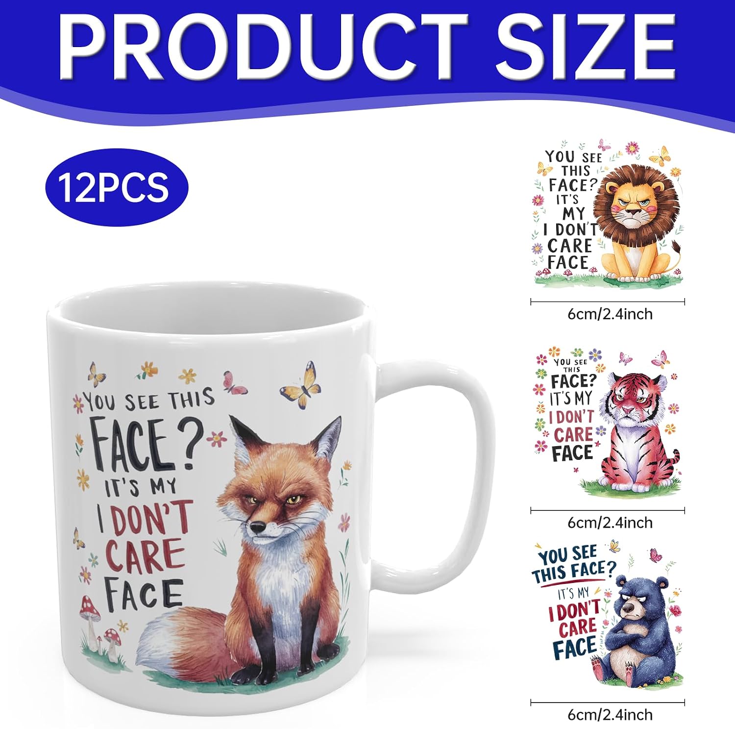 12 PCS Funny Animals UV DTF Cup Wrap stickers, Rub on transfer image 2