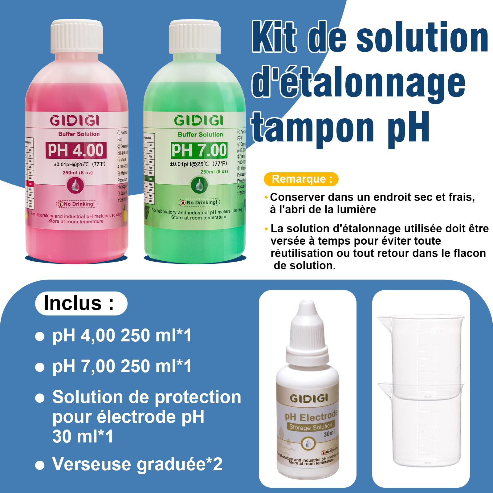 Kit de solution d'étalonnage de pH-mètre, comprend une solution de protection d'électrode dkit solution tampon ph 7 et ph 4, solution de pH 250 ml x 2, solution de stockage de sonde de pH 30 ml x 1
