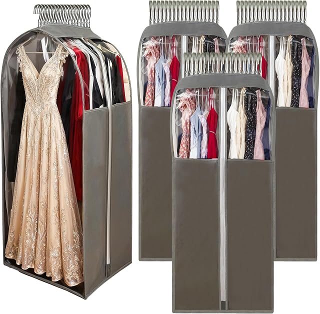 15" Sacs de robe longue pour Gowns,60" Sacs de vêtements transparents pour accrocher des vêtements, housses de rangement entièrement scellées et protecteur antipoussière avec fermeture éclair latérale pleine capacité pour le voyage, 4-Pack