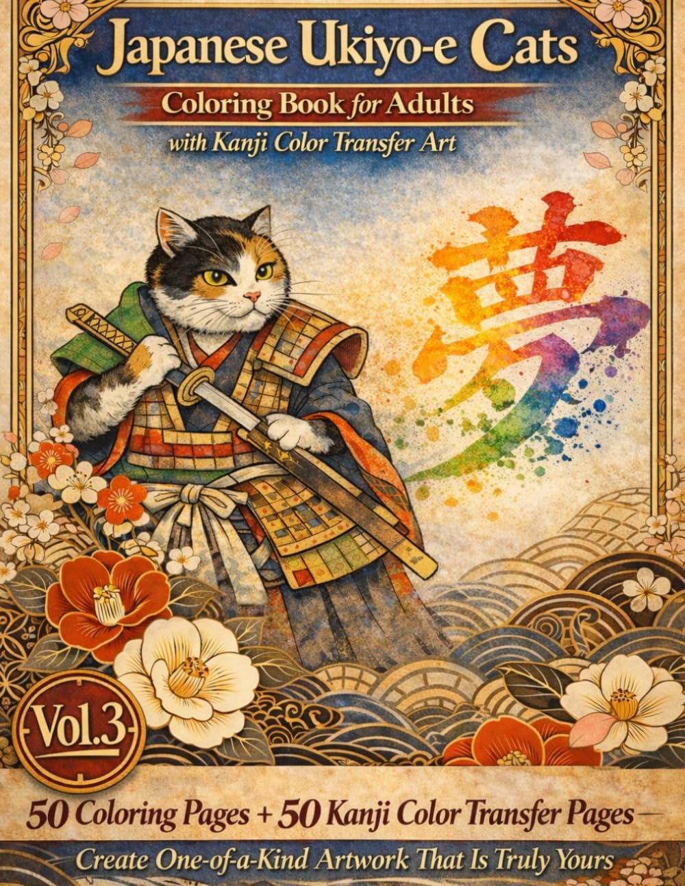 Japanese Ukiyo-e Cats Coloring Book for Adults with Kanji Color Transfer Art: 50 Coloring Pages + 50 Kanji Color Transfer Pages — Create One-of-a-Kind Kanji Artwork with Every Coloring