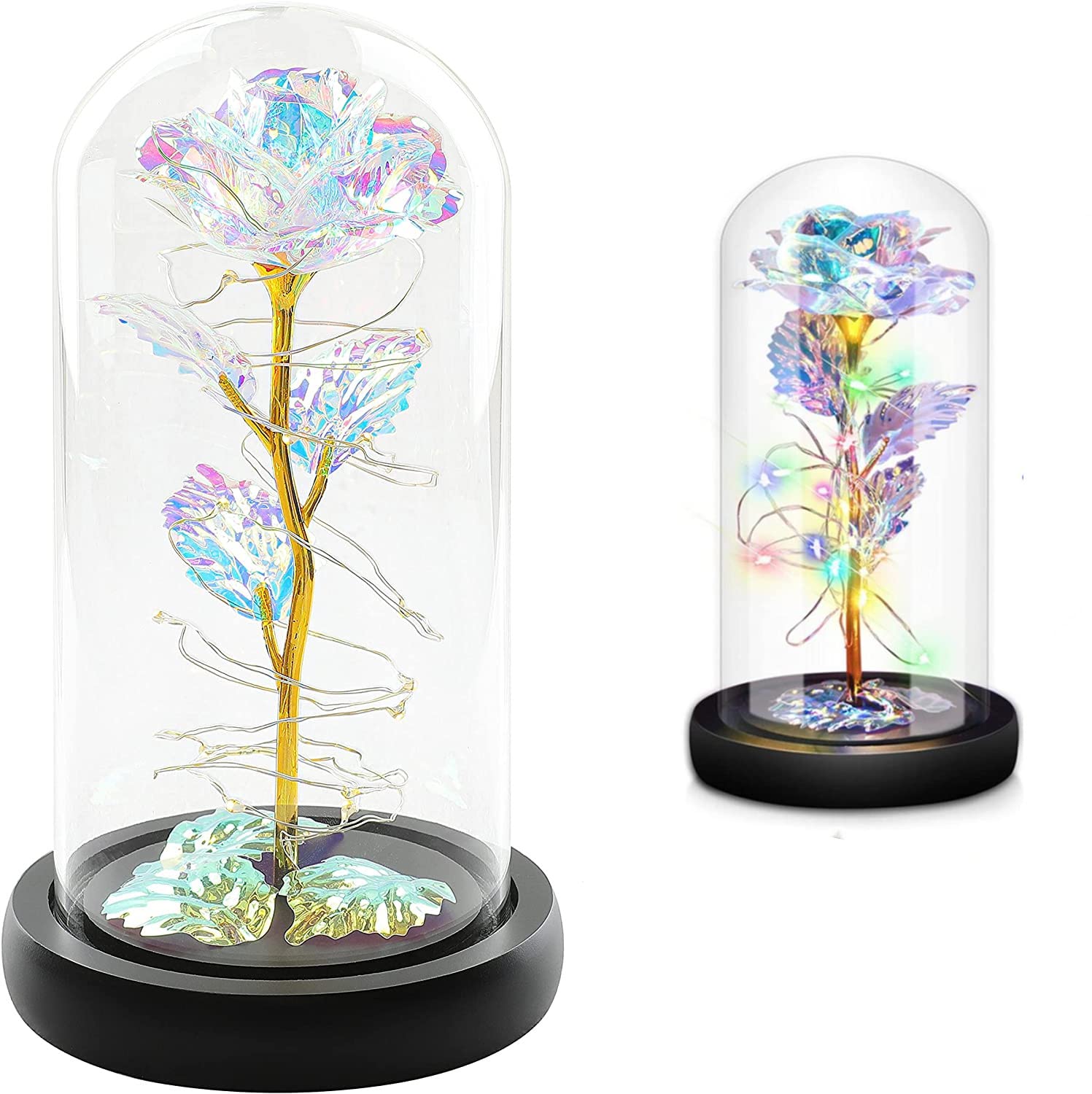 CNZON Crystal Rose Flower - Galaxy Enchanted Rose with Led Light String in Glass Dome -Valentine's Day Gifts for Her Women Mom Romantic Unique Birthday Wedding, Artificial Flowers Rose Home Decor