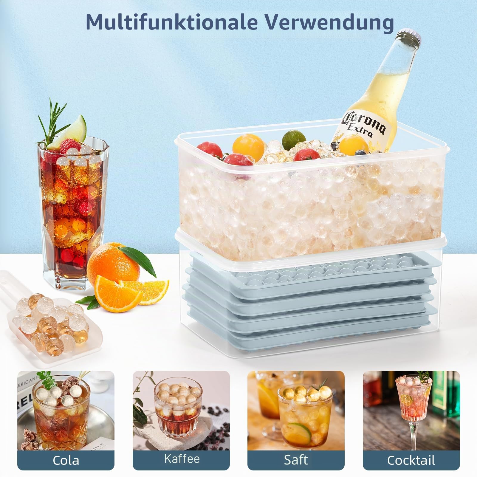 WIBIMEN Mini Eiswürfelformen, Verbesserte Runde Eiswürfelform, 104 x 4 Stück kleine Eiswürfel zum Kühlen von Getränken, Kaffee, Saft(4 Stück blaue Eiswürfelformen & Eisbehälter & Eisschaufel)
