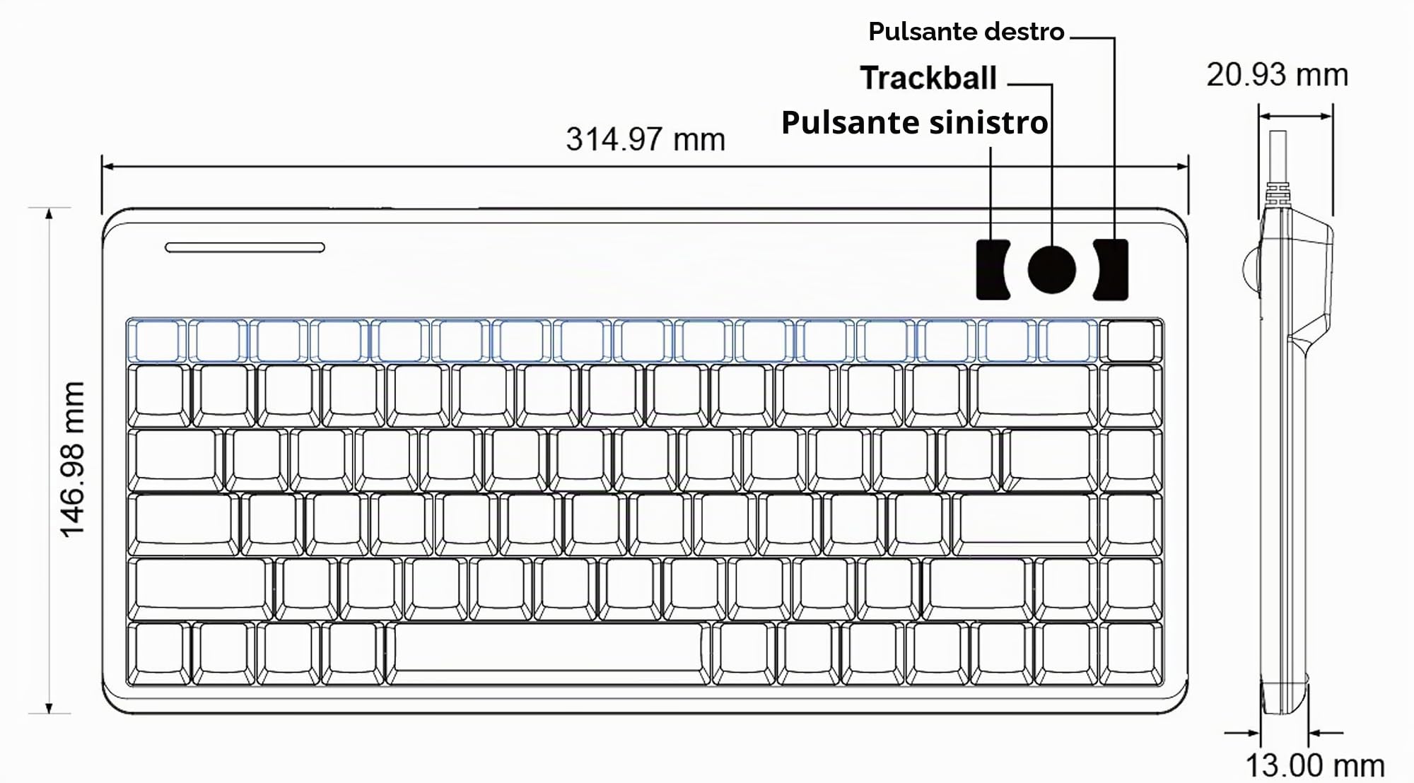 Perixx PERIBOARD-505H PLUS, Tastiera con trackball - USB - con cavo - con 2 porte USB Hub - 315x147x2 - Fit with Professional or Industrial Use - US English Layout