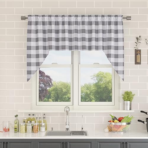 Miniatura 99 de Cortina ajustable con cenefa para ventana de cocina Buffalo Check, a cuadros, gingham, estilo granja, con bolsillo para barra, para baño, 42 x 45