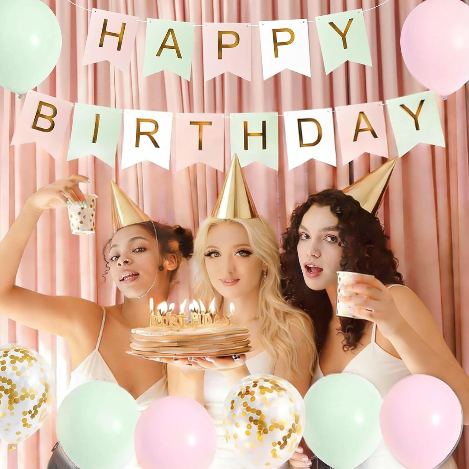 Birthday Decorations for Women with Pink Green Happy Birthday Banner, Circle Dots Garland and Party Balloons