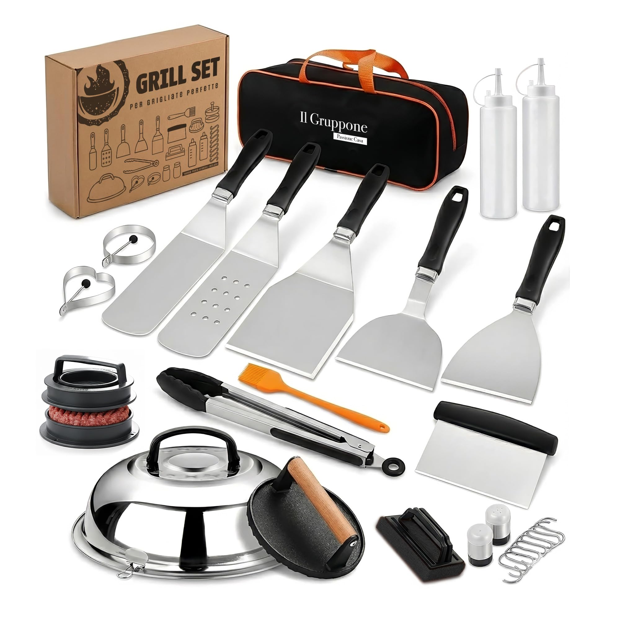 IlGruppone Set Accessori Barbecue Professionale 27 Pezzi Kit Completo BBQ Smash Burger, Pressa Hamburger, Spatole, Pinze, Cloche e Dispenser Salse – Utensili in Acciaio Inox con Borsa Trasporto