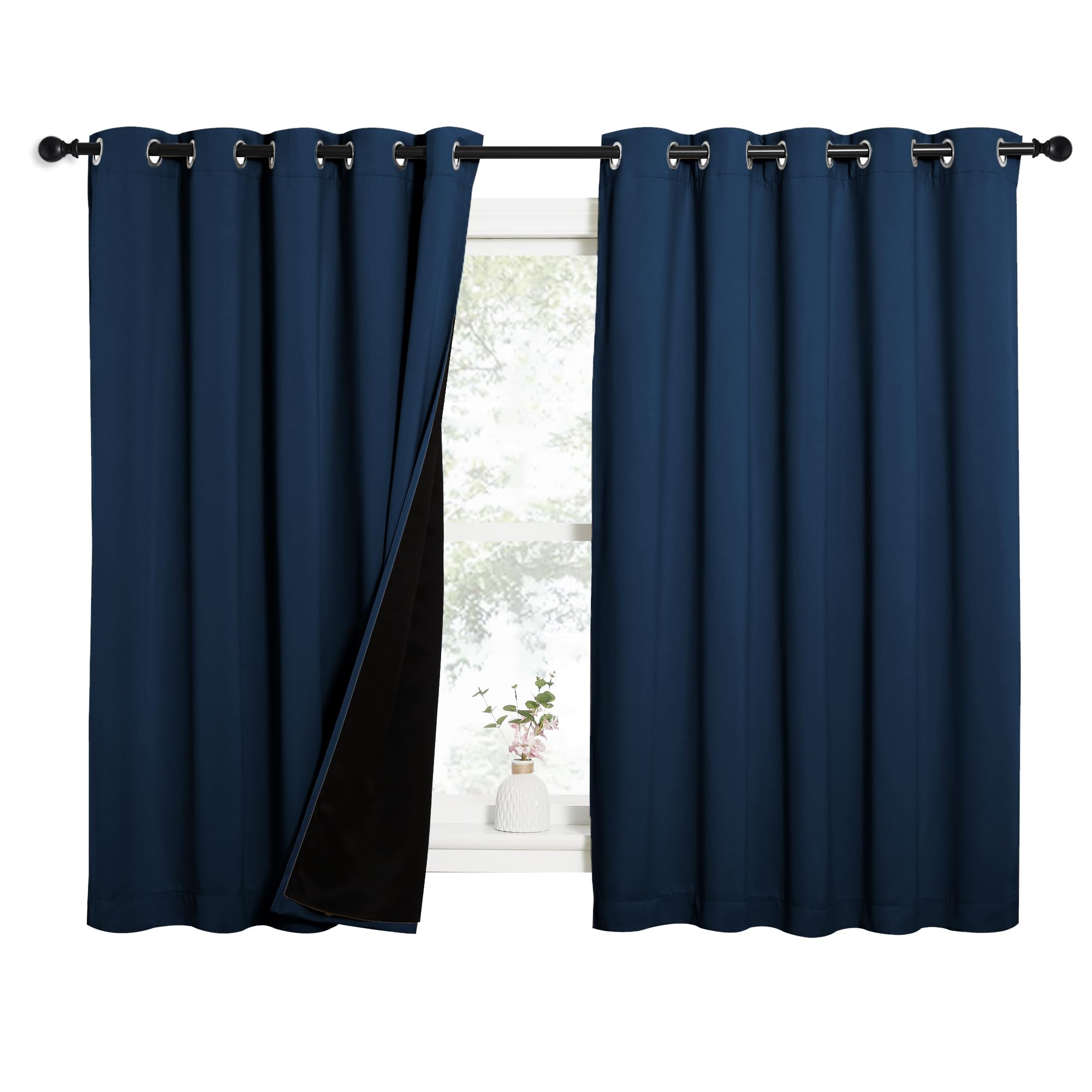 NICETOWN 100% Blackout Curtains with Black Liners, Thermal Insulated Full Blackout 2-Layer Lined Drapes, Energy Efficiency Window Draperies for Bedroom (Moroccan Blue, 2 Panels, 62" W by 63" L)