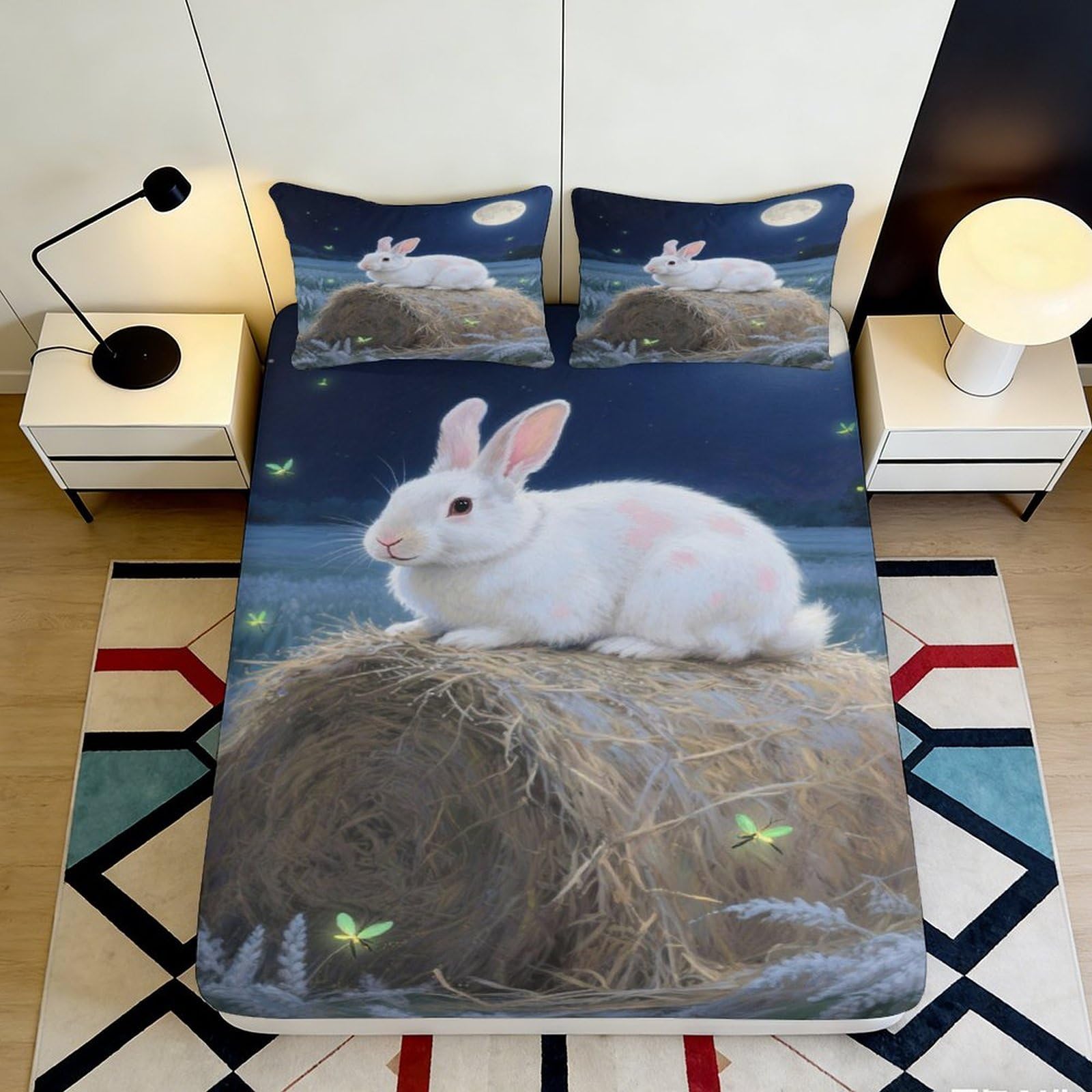 3D Printed White Rabbit Fitted Sheet Microfiber Soft Breathable Night Sky Bed Cover for Bedroom Dormitory Guest Room Mattress Protection Decor 180x200x25cm