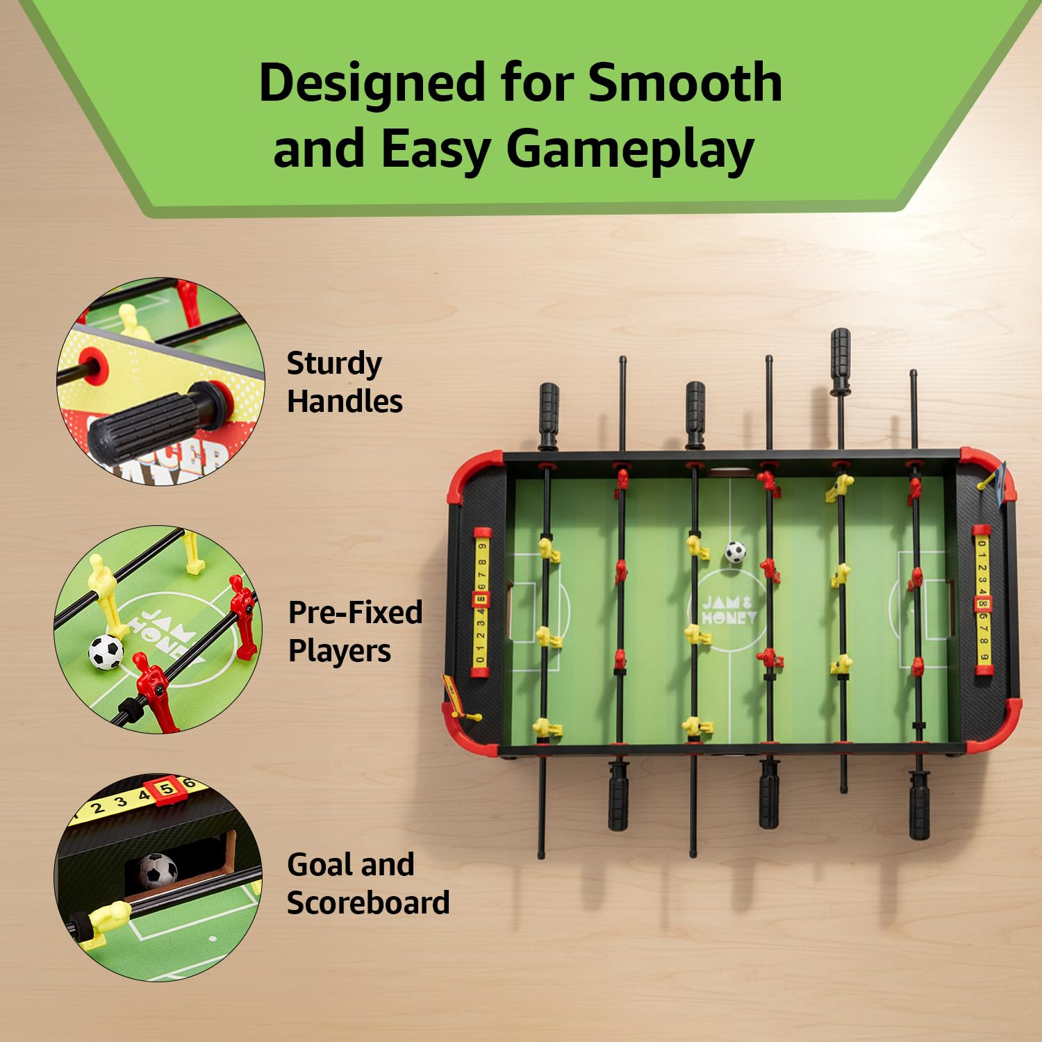 Amazon Brand - Jam & Honey Foosball Table Game for Kids 6+ Years, BIS Certified Safe for Kids, Big Size Tabletop Football, Indoor Soccer for Family Fun, Multicolour 3