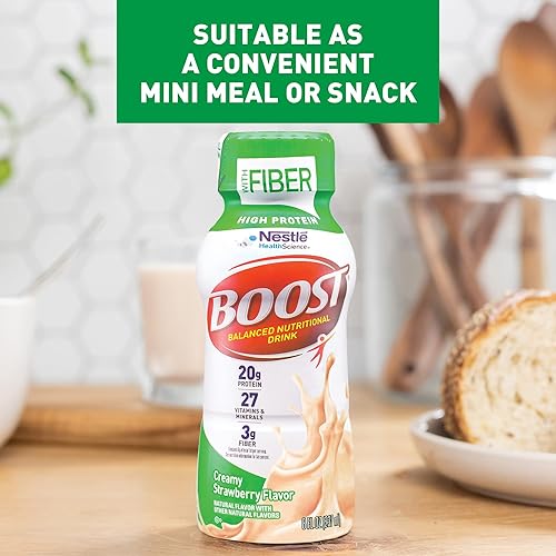 Miniatura 4 de BOOST Bebida nutricional completa alta en proteínas con fibra fresa cremosa botella de 8 onzas líquidas paquete de 24