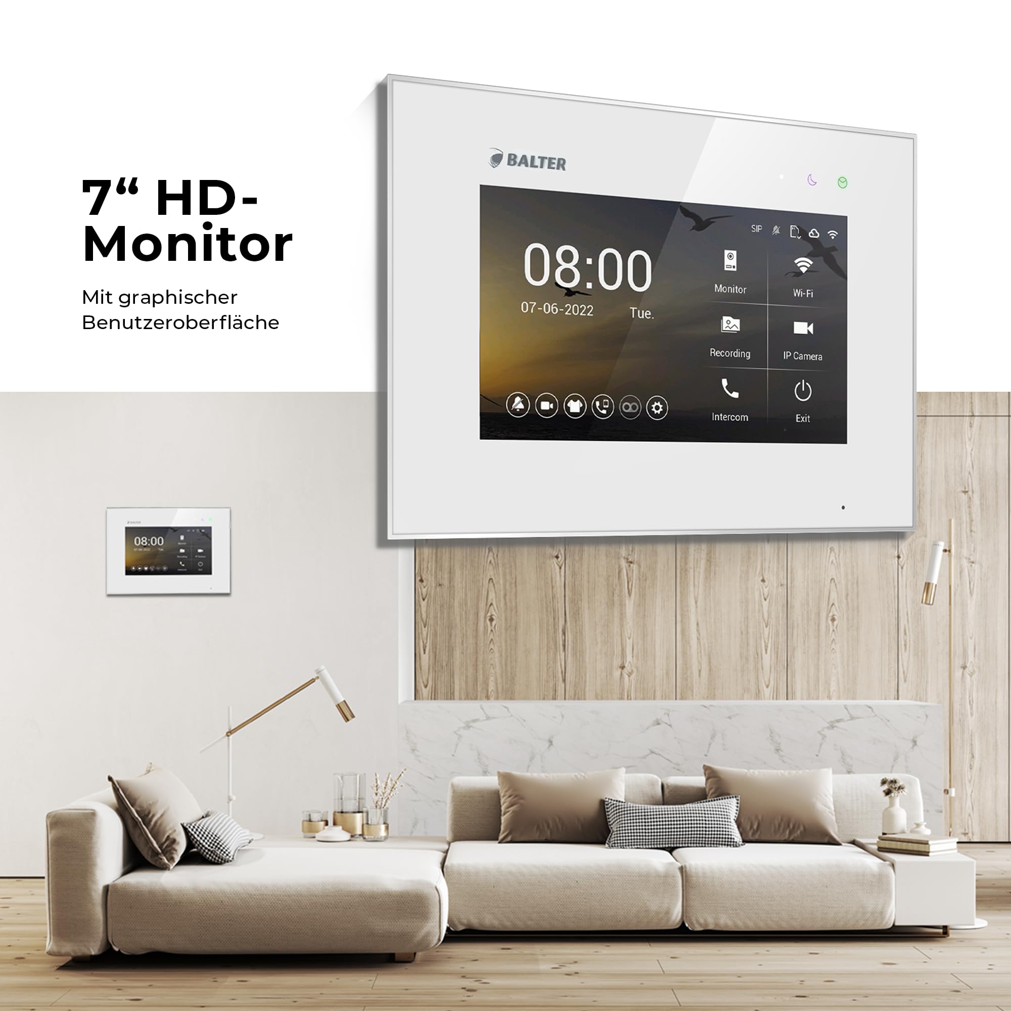 Balter EVO-HD Video Türsprechanlage mit Touchscreen Türstation, Video Türklingel, Smartphone App, 4 Familienhaus, 4X Monitore, Türklingel mit Kamera Full HD, 2 Draht Bus, 175° Weitwinkel, RFID