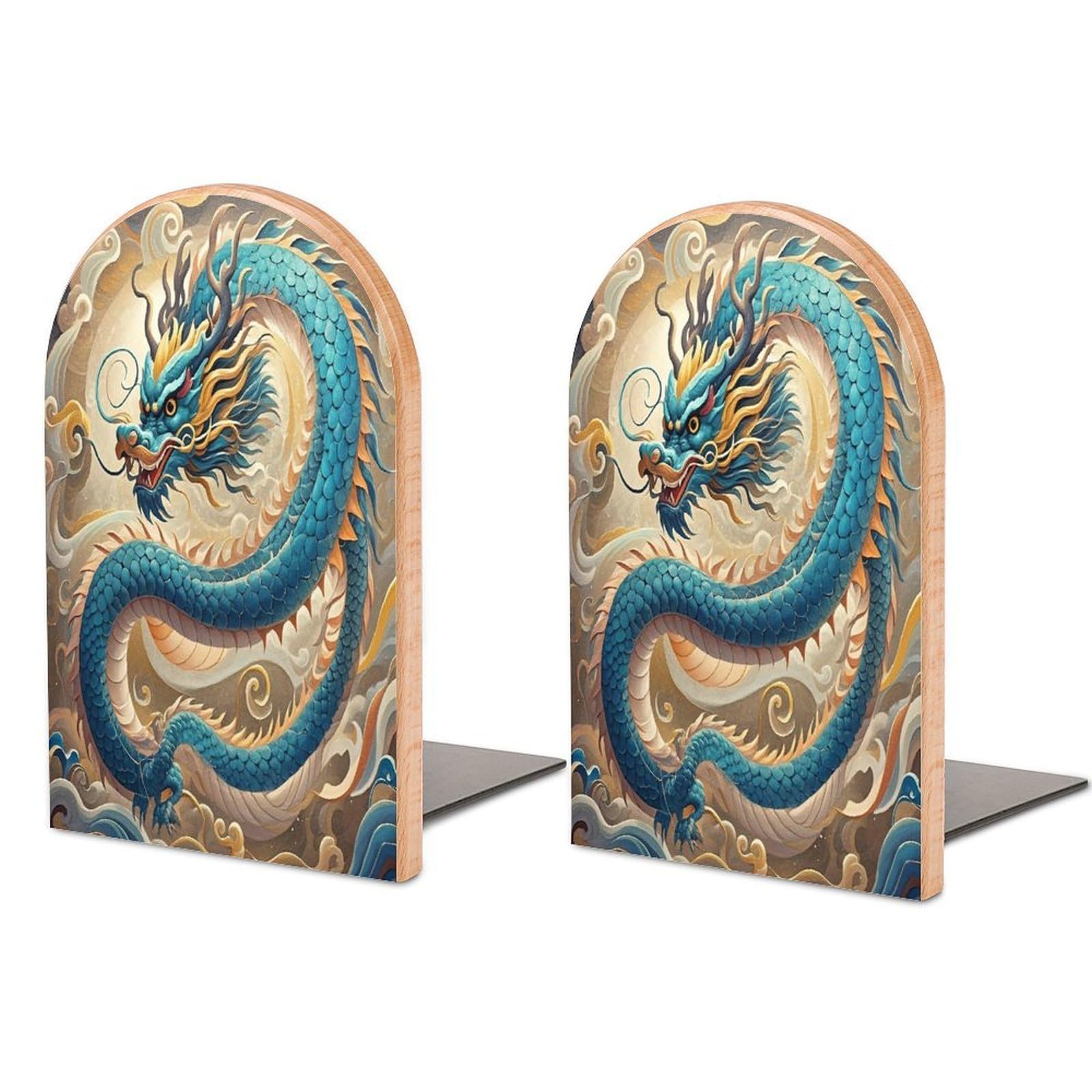 Dragon Bookend for Shelves Wooden Book End Sturdy Book Holders Stoppers with Metal Base for Bookshelves Slick Decorative Bookends Stands