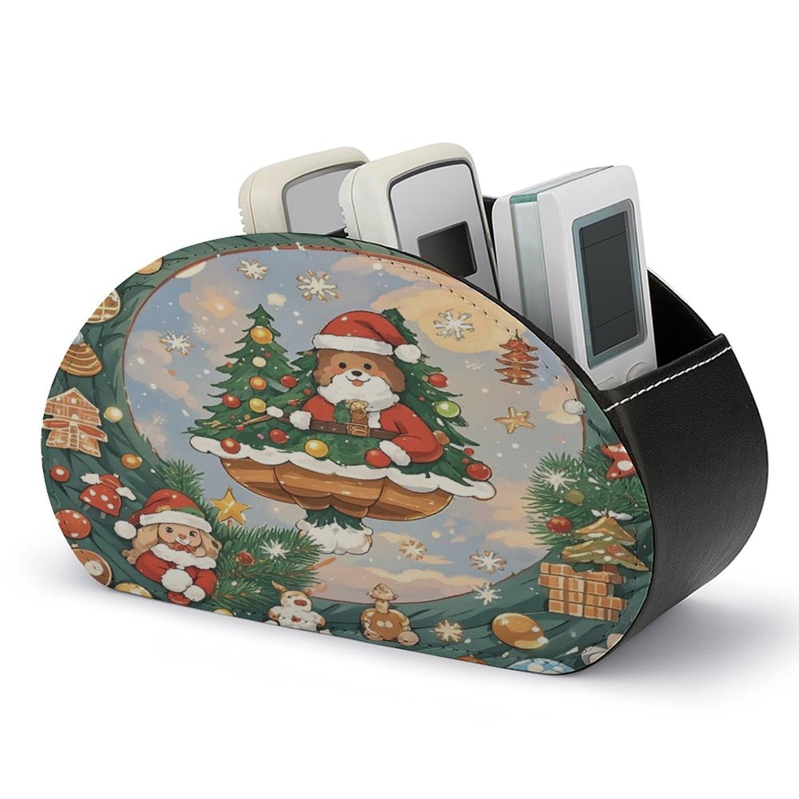 FekiLoot Christmas Aesthetic Remote Control Holder PU Leather Tabletop Organizer with 5 Compartments Storage Tray & Desktop Organizer for TV Remotes Glasses Pens