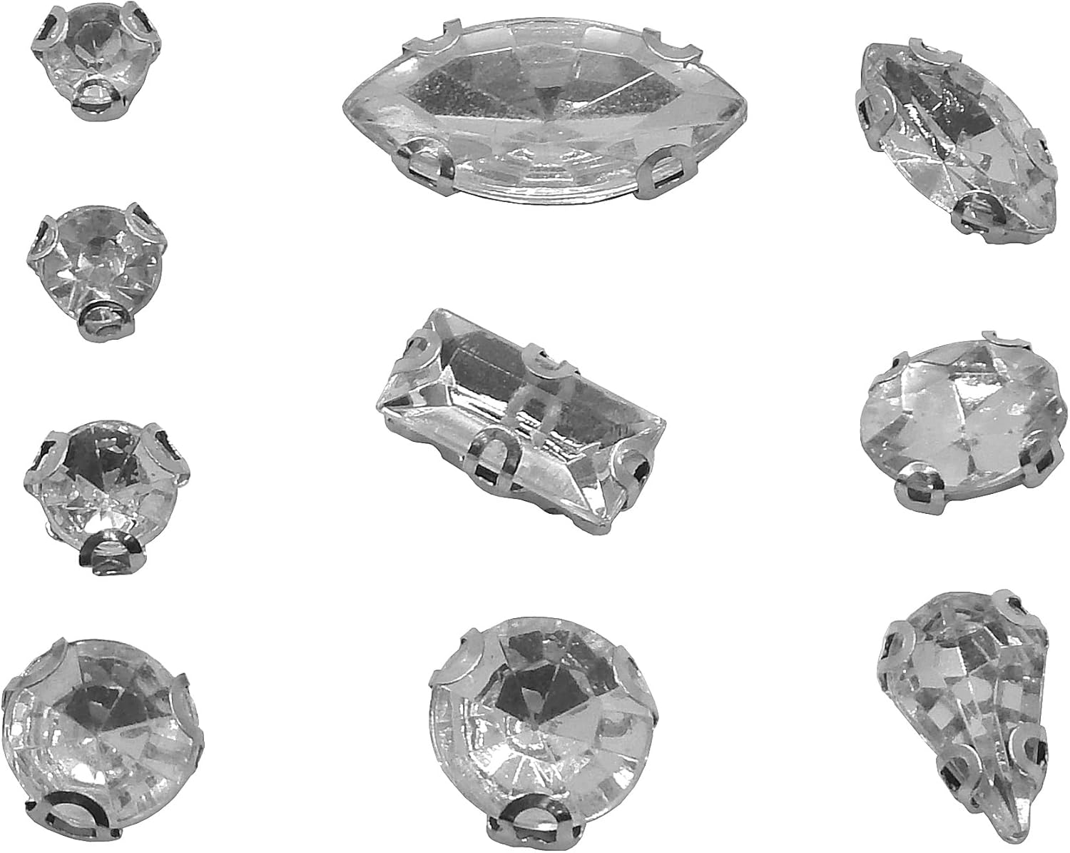 Perlin Rhinestones for Sewing, 230 Pieces Glitter Stones for Sewing, 4 Holes Sewing Buttons, Crystal Acrylic Stones, Metal Prong Setting Crystal Clear, Flat Back Faceted Mixed Shapes Set