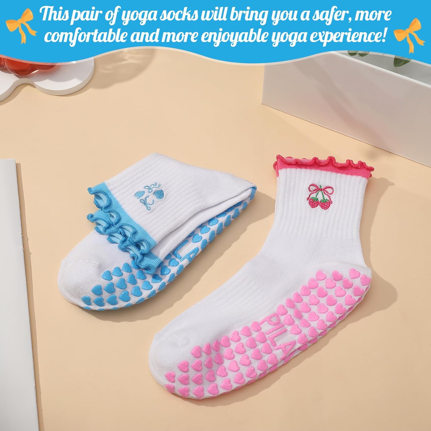 Jspupifip 2 Pairs Women Cute Pilates Grips Socks, Crew Non Slip Yoga Socks Ruffle Cuff Embroidery Workout Ballet Sock - Image 5